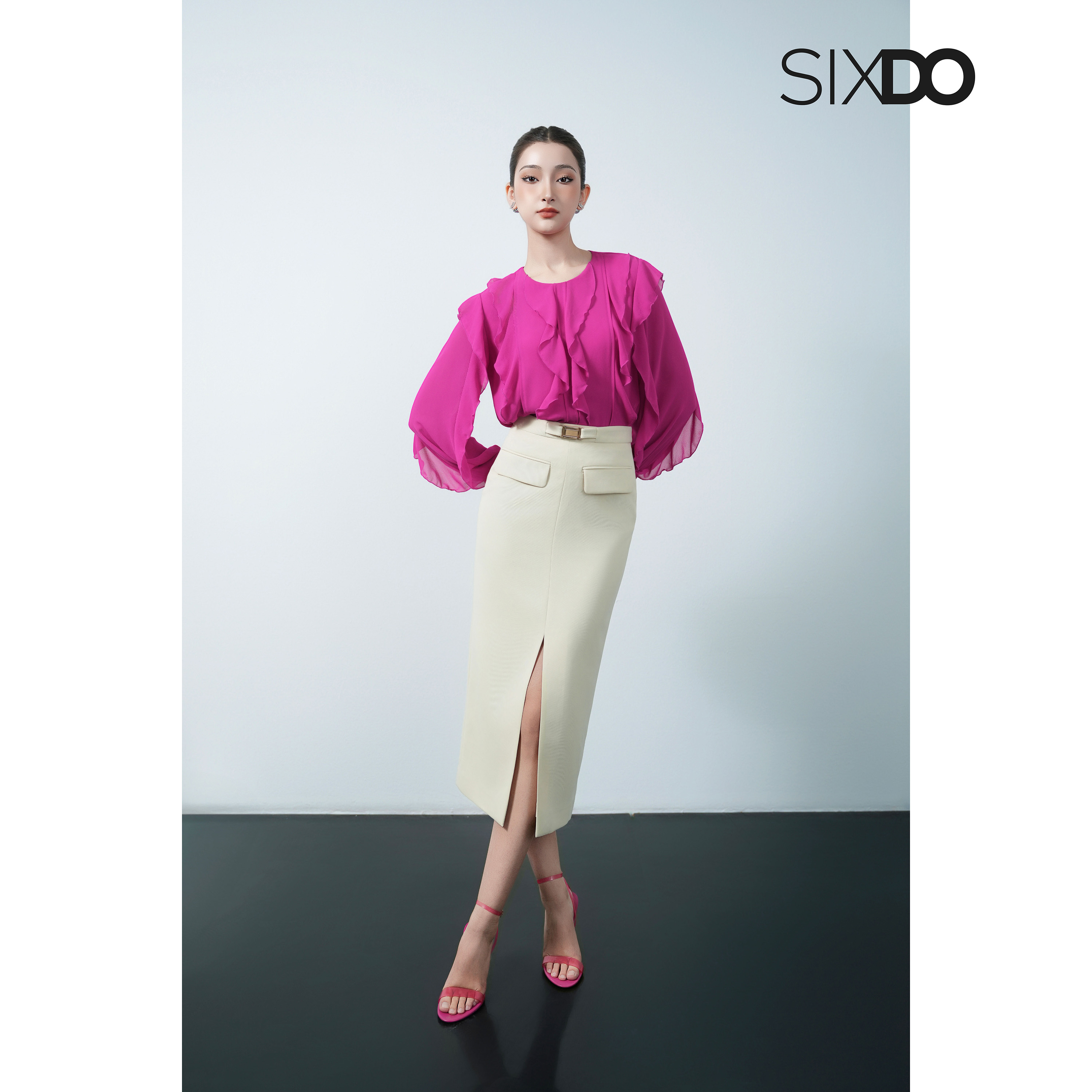 Mô tả Áo sơ mi voan phối bèo SIXDO (Dark Magenta Chiffon Blouse) - 4