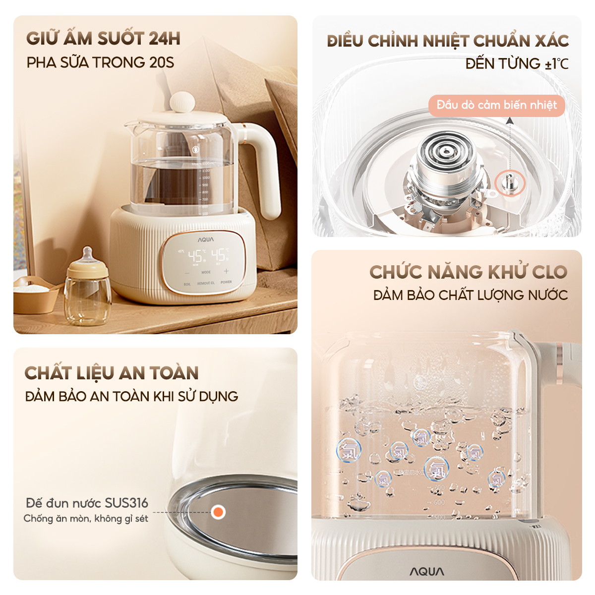Mô tả Máy đun nước pha sữa AQUA MH121T khử clo, đun siêu tốc, nút ghi nhớ riêng cho ba mẹ, ông bà - 5