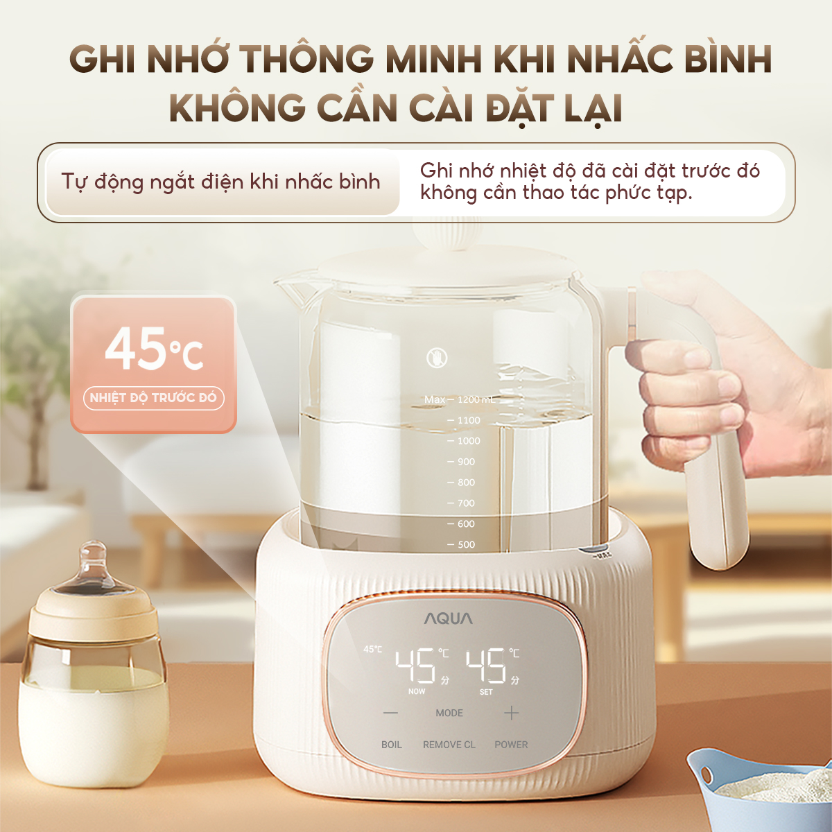 Mô tả Máy đun nước pha sữa AQUA MH121T khử clo, đun siêu tốc, nút ghi nhớ riêng cho ba mẹ, ông bà - 9
