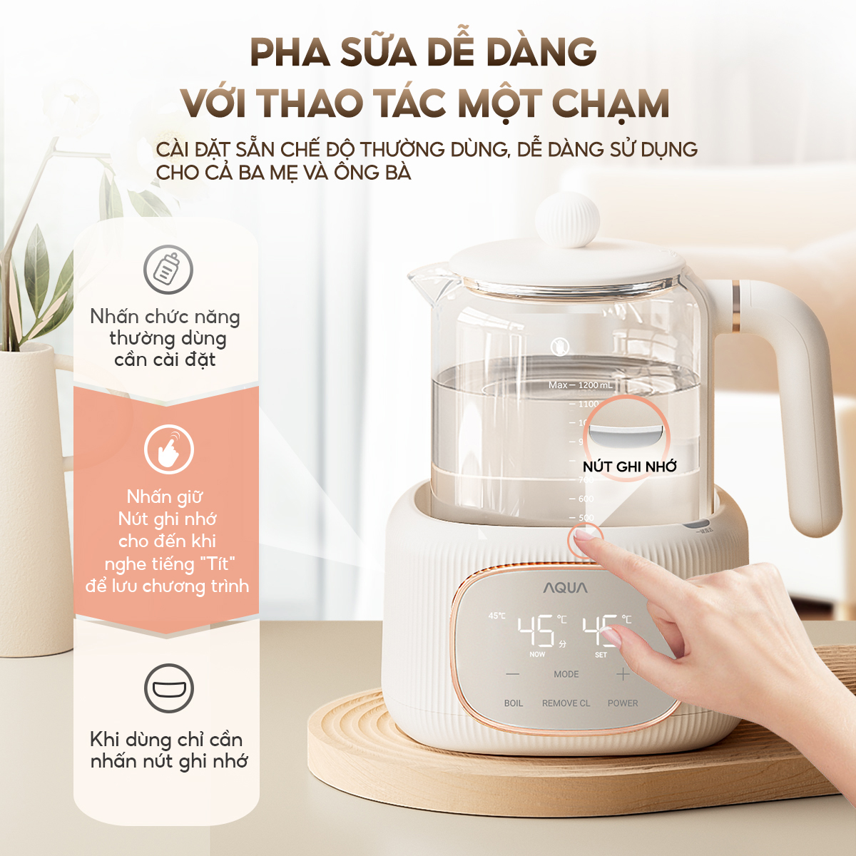 Mô tả Máy đun nước pha sữa AQUA MH121T khử clo, đun siêu tốc, nút ghi nhớ riêng cho ba mẹ, ông bà - 3