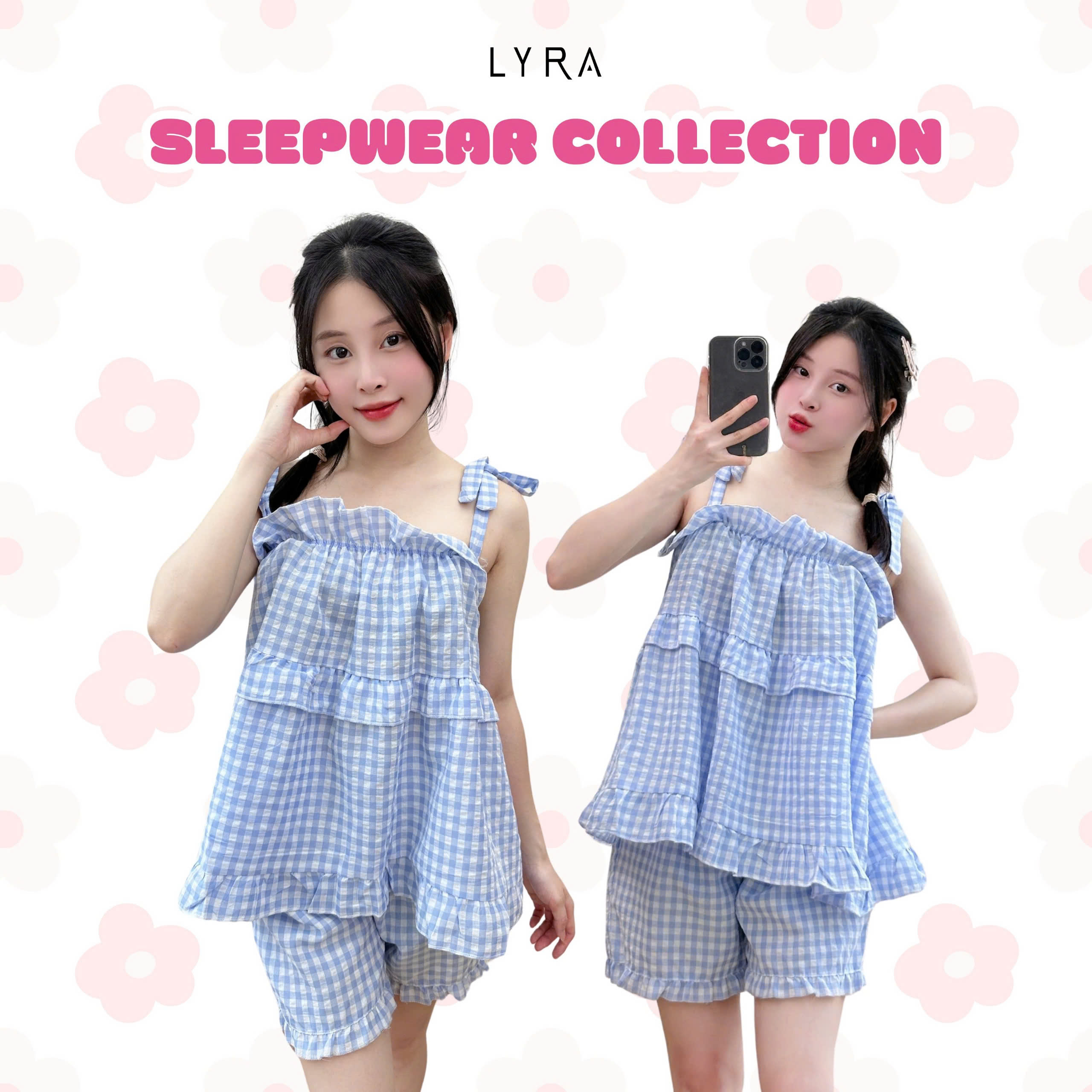 Mô tả LYRA - Bộ đồ ngủ hè 2 dây thắt nơ dáng babydoll, set đũi pijama họa tiết caro freesize thoải mái thoáng mát - LWNSE011 - 1