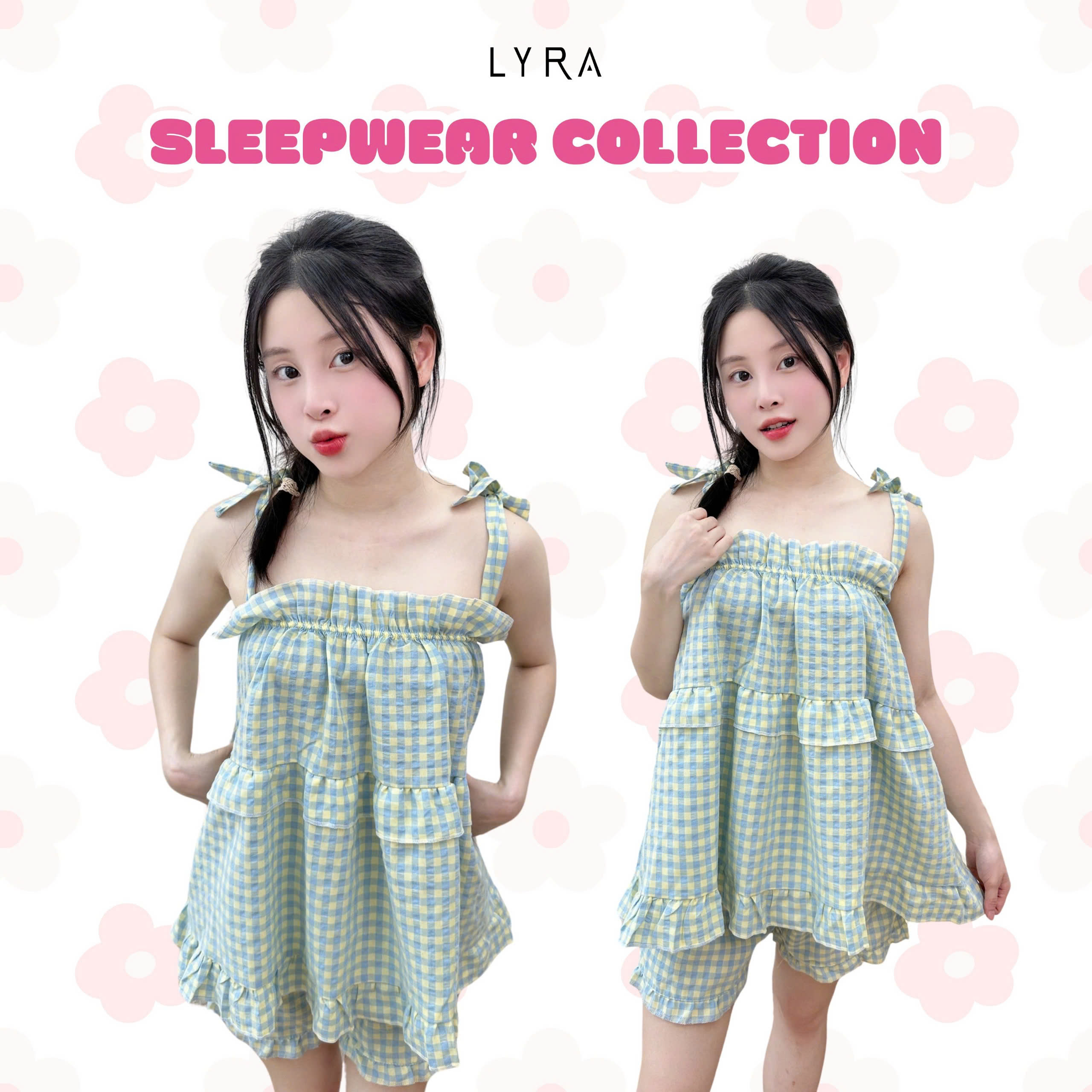 Mô tả LYRA - Bộ đồ ngủ hè 2 dây thắt nơ dáng babydoll, set đũi pijama họa tiết caro freesize thoải mái thoáng mát - LWNSE011 - 2