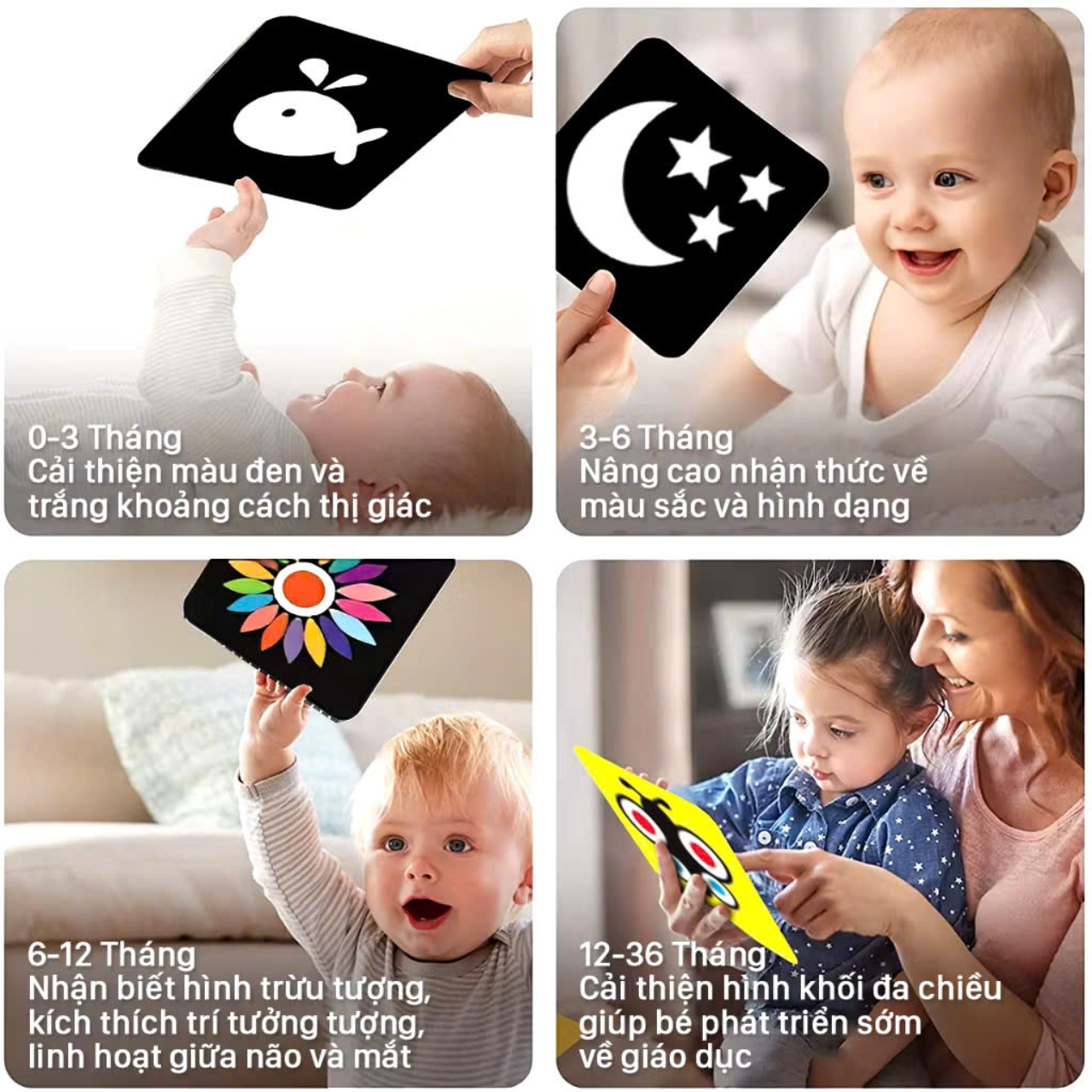 Mô tả Bộ Tranh Kích Thích Thị Giác TNBOOKS Cho Bé 0 - 3 Tuổi - Combo 3 Bộ Thẻ Gấp Chất Lượng Cao - 2