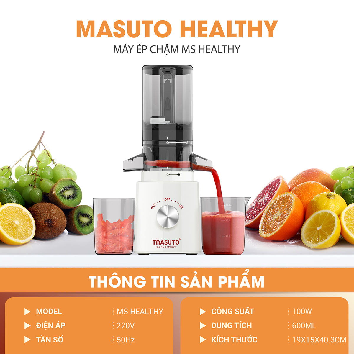 Mô tả Máy Ép Chậm Masuto Ms Healthy Ép Trái Cây Nguyên Quả Kiệt Bã Dung Tích 0,6L Làm Kem,Ép Cần Tây, Cà Rốt Detox - 6