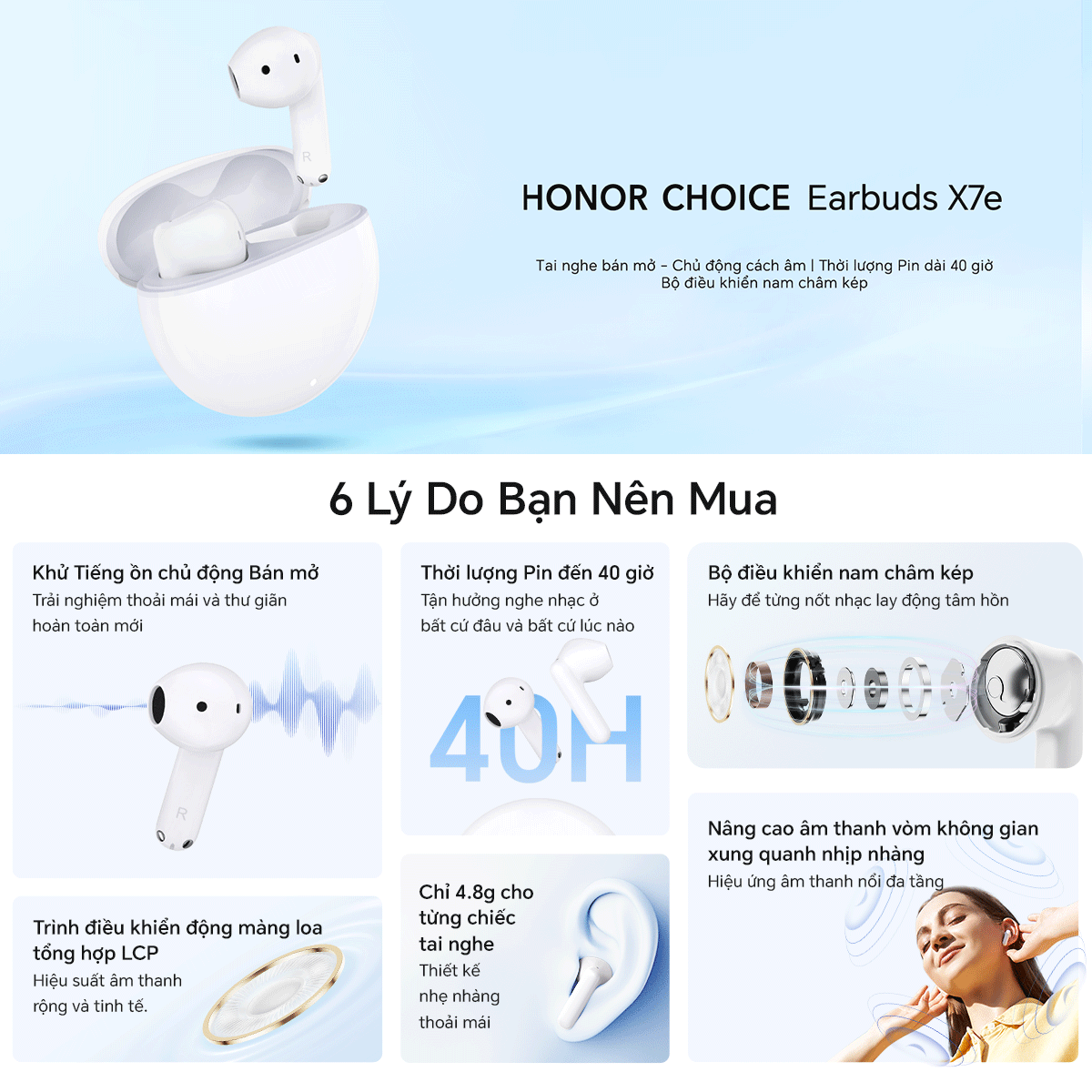Tai Nghe Bluetooth HONOR CHOICE Earbuds X7e ANC Ch ng Kh ng B i 