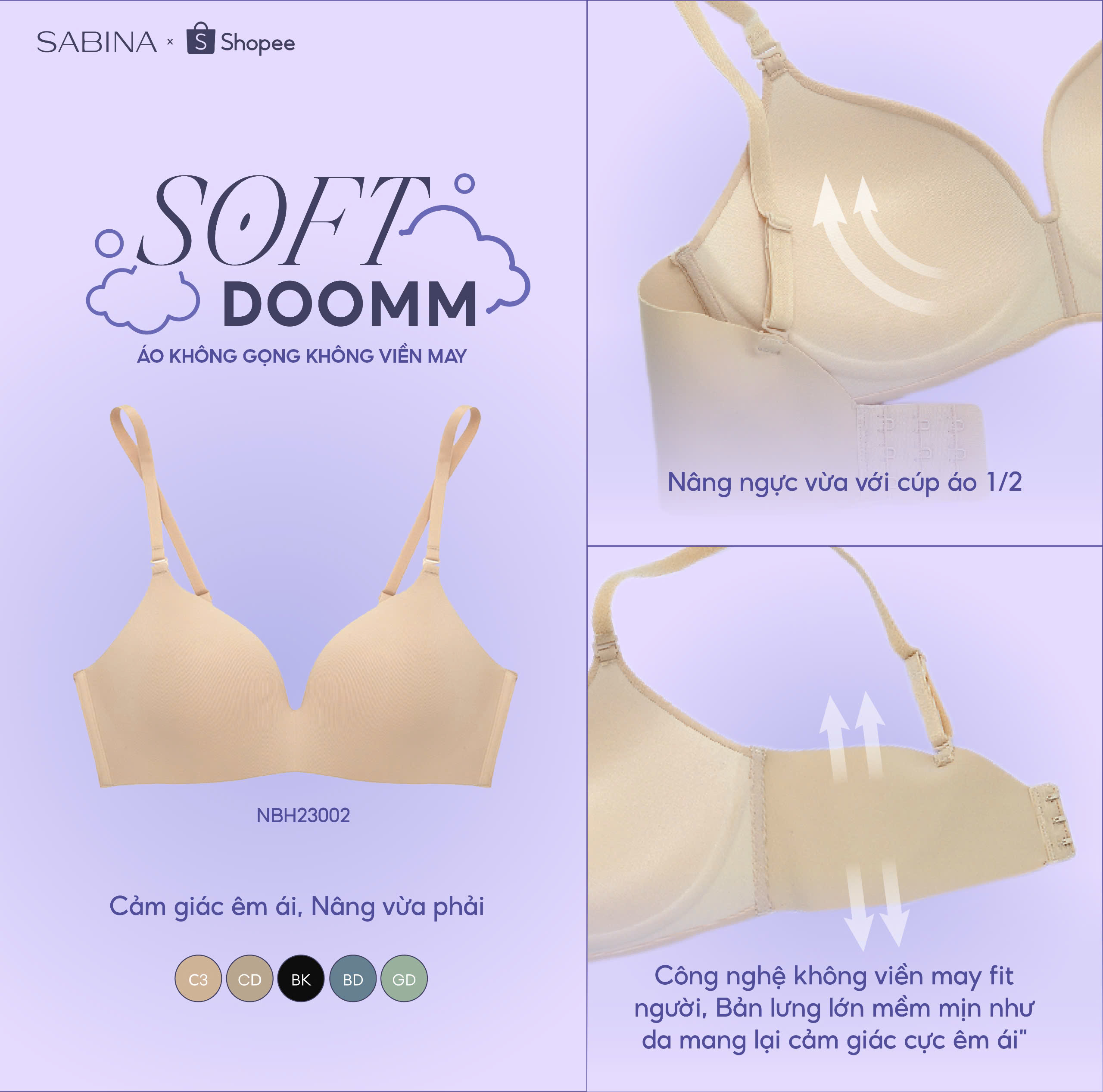 Mô tả Áo Lót Không Bản Dây Lưng Không Viền May Mút Dày Vừa Màu Trơn Soft Doomm By Sabina NBH23002 (Tương tự SBXH6001) - 1