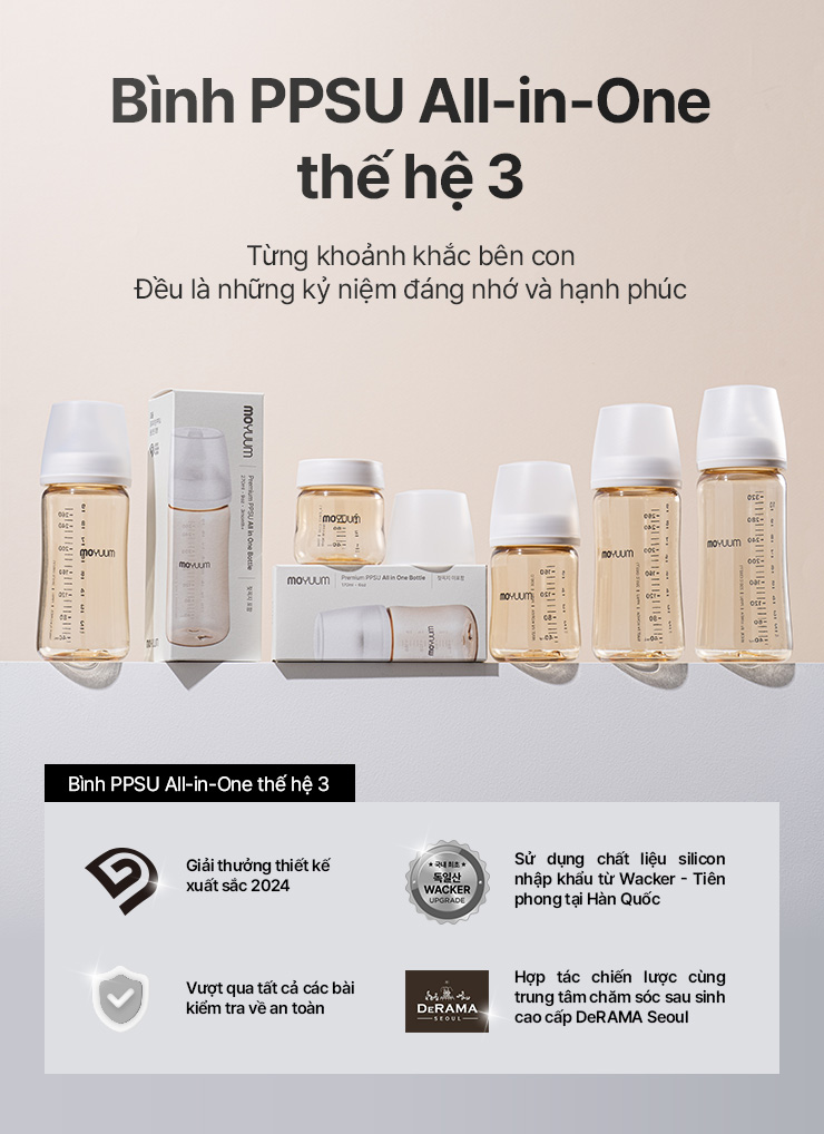 Mô tả Thế hệ 3 - Bình sữa PPSU Moyuum - Mẫu trơn - 330ml - Kèm núm 3 (6m+) - 1