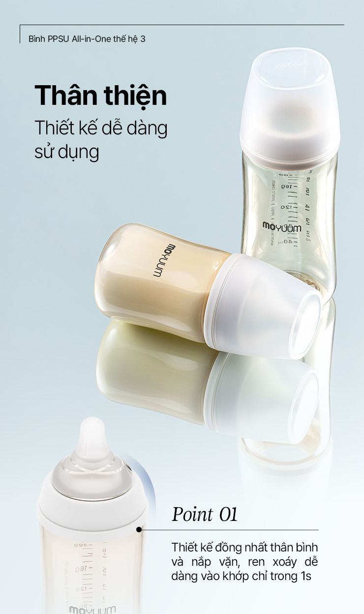 Mô tả Thế hệ 3 - Bình sữa PPSU Moyuum - Mẫu trơn - 330ml - Kèm núm 3 (6m+) - 3