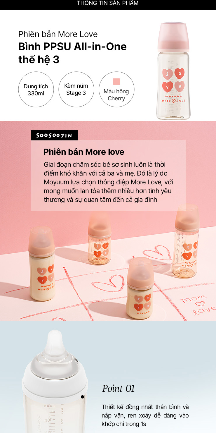 Mô tả Thế hệ 3 - Bình sữa PPSU Moyuum - Mẫu tim - 330ml - Kèm núm 3 (6m+) - 2