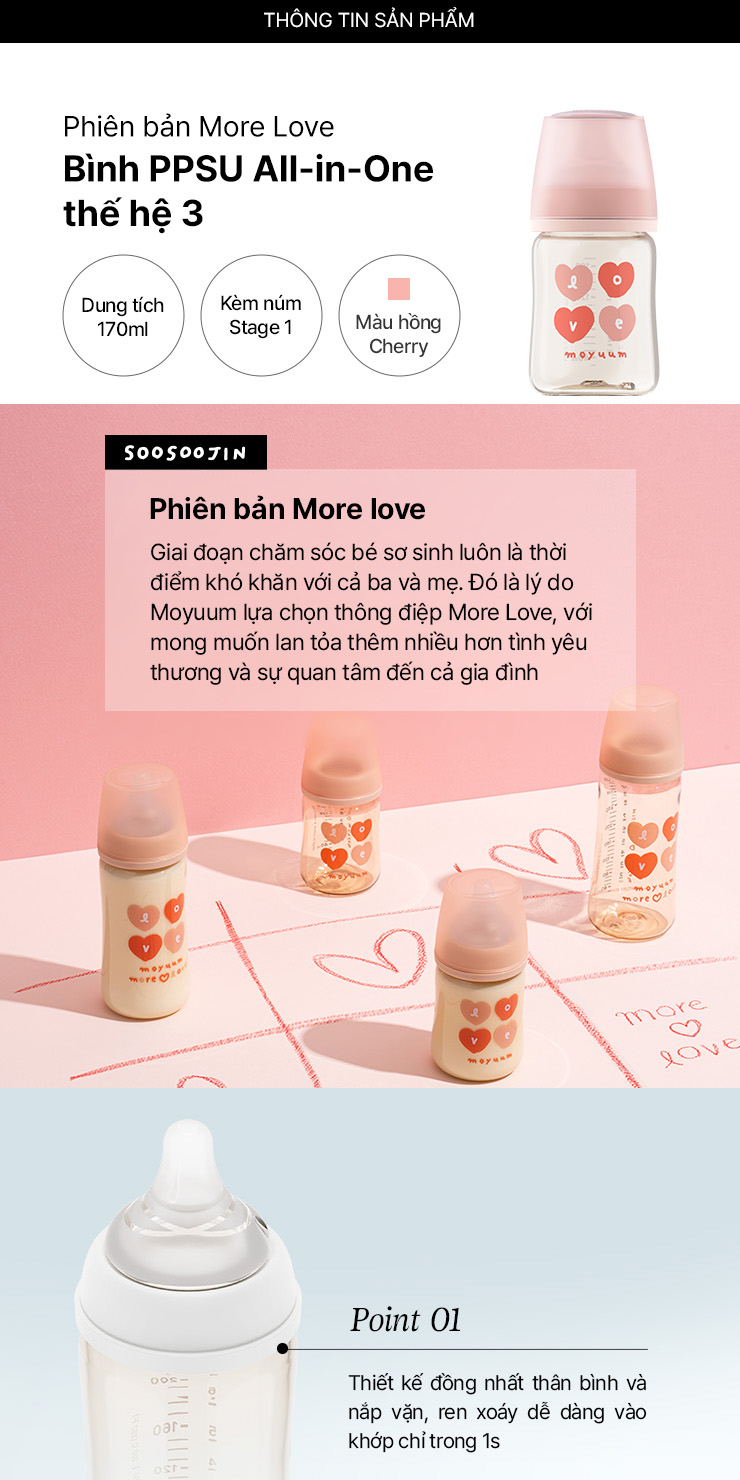 Mô tả Thế hệ 3 - Bình sữa PPSU Moyuum - Mẫu tim - 170ml - Kèm núm 1 (1m+) - 2