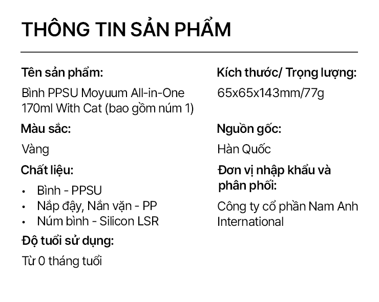 Mô tả Thế hệ 3 - Bình sữa PPSU Moyuum - Mẫu mèo - 170ml - Kèm núm 1 (1m+) - 10