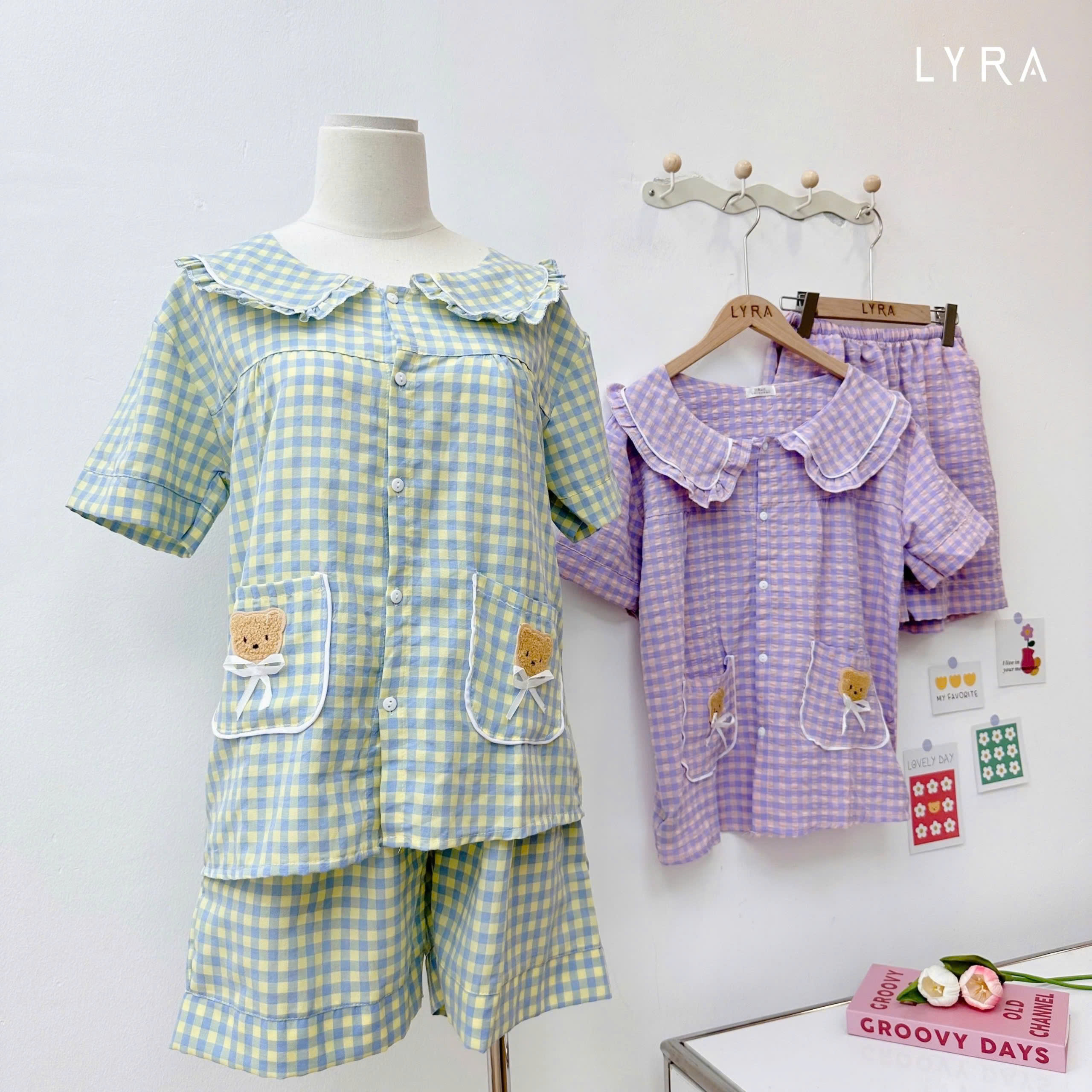 Mô tả LYRA - Bộ đồ ngủ nữ ngắn tay kẻ caro cổ sen túi gấu, Set đũi hè pijama nhiều màu thoáng mát mặc ở nhà - LWNSE015 - 1