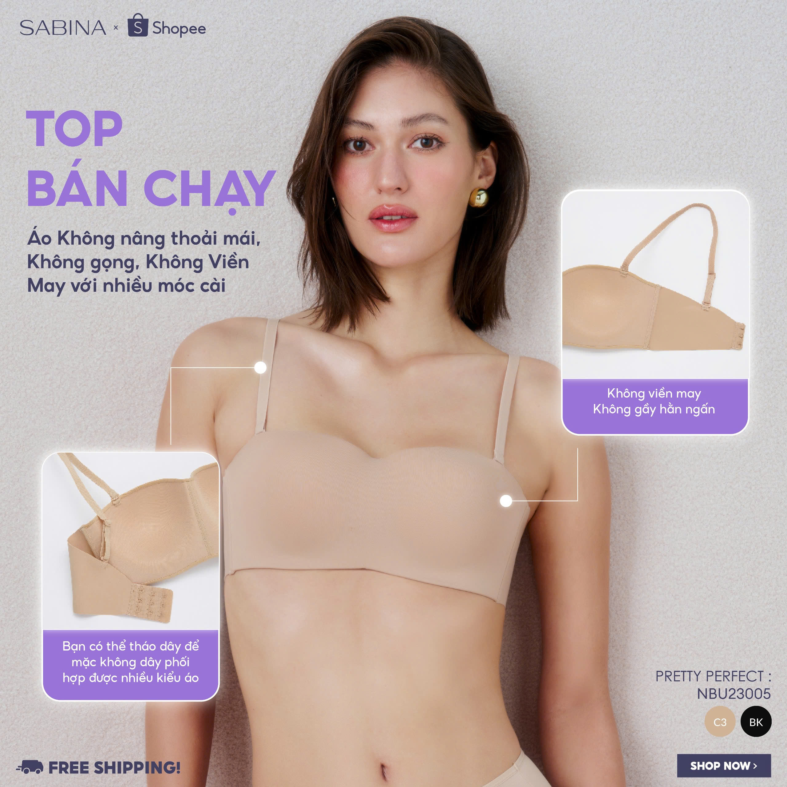 Mô tả Combo 2 Áo Lót Không Gọng Mút Mỏng Cup Ngang Dây Lưng Không Viền May Màu Trơn Pretty Perfect Sabina NBU23005 (SBXU8900) - 1