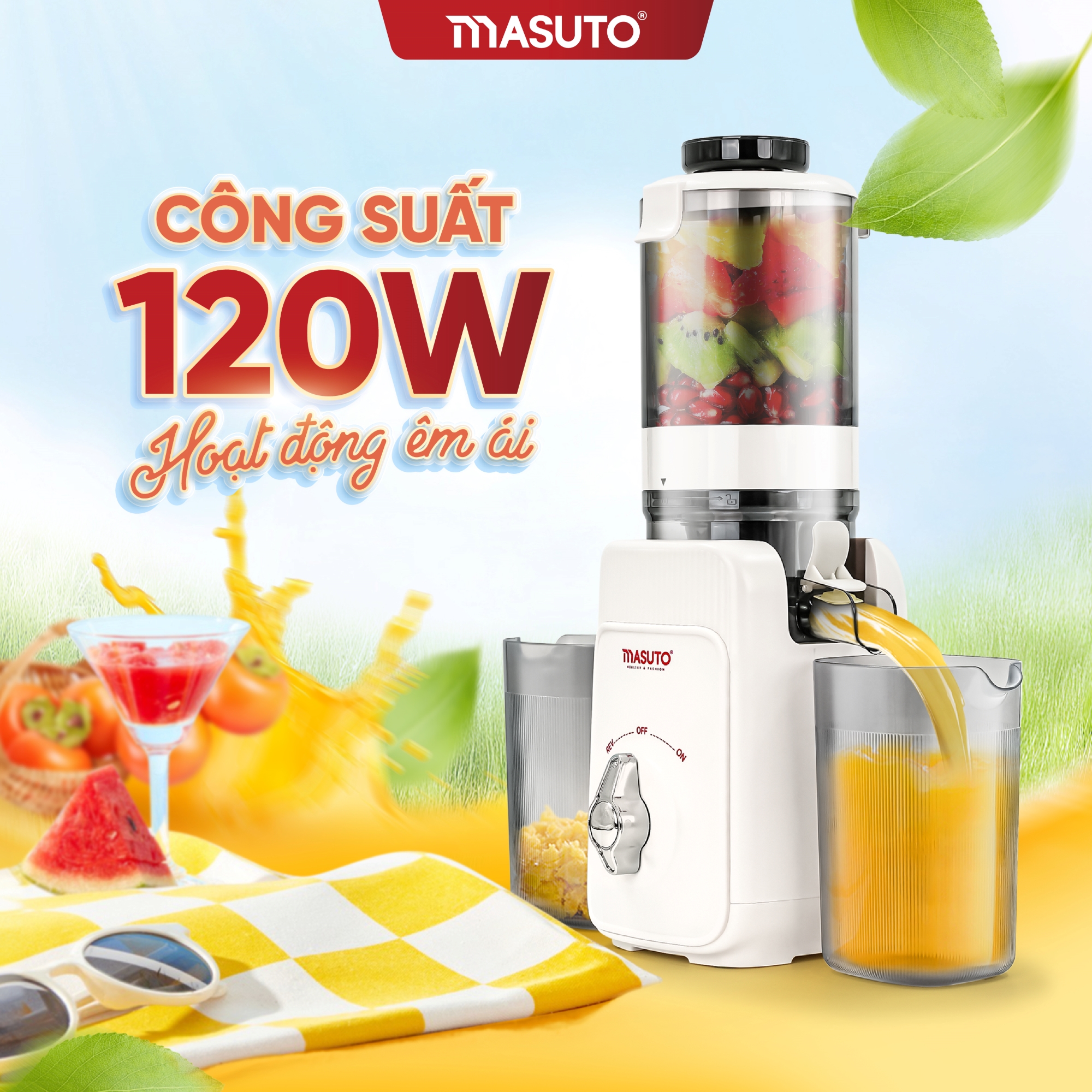 Mô tả Máy Ép Chậm Thế Hệ Mới 120W Masuto Msjuice Ép Nguyên Quả Kiệt Bã Ép Cần Tây, Cà Rốt Detox, Làm Kem Trái Cây - 1