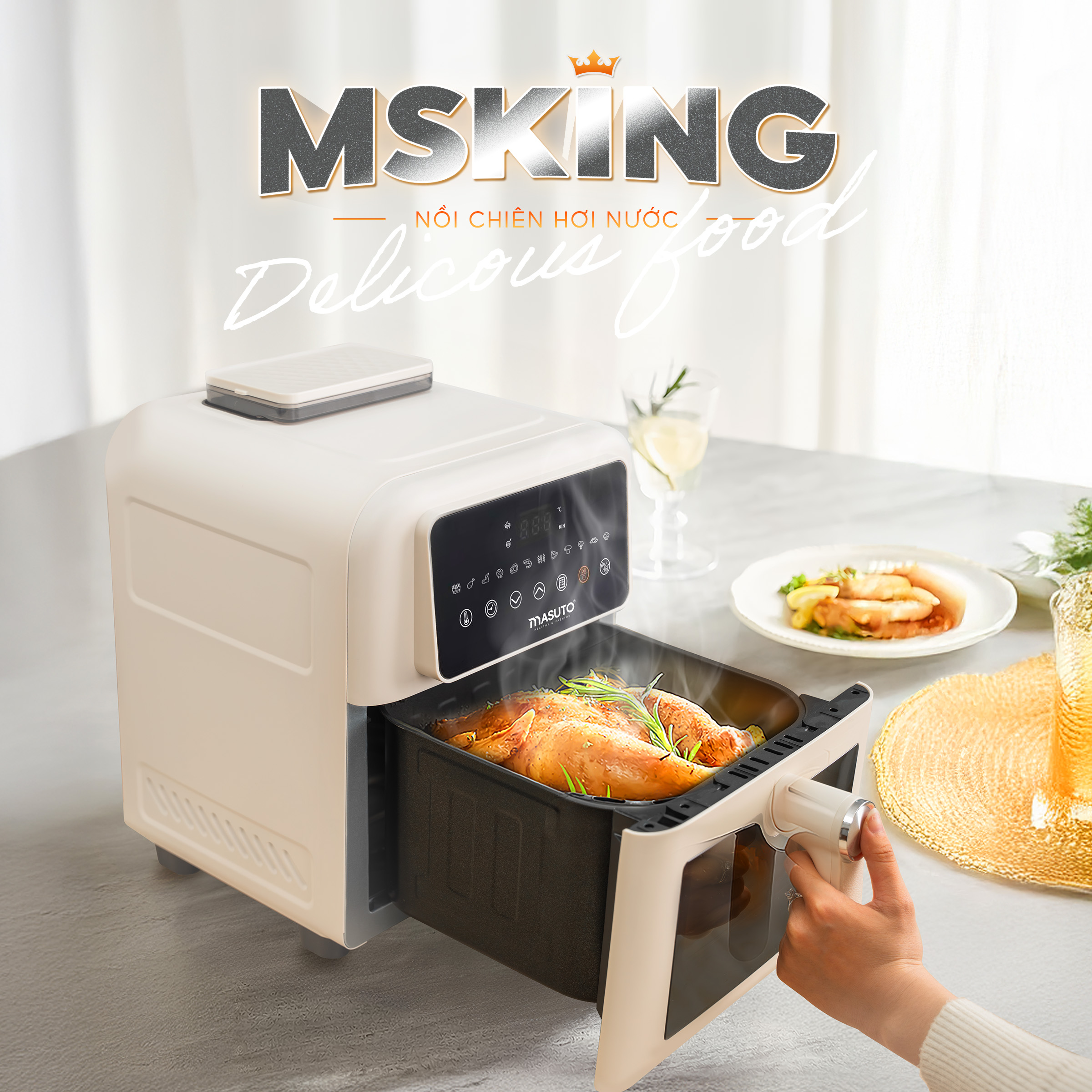 Mô tả Nồi Chiên Không Dầu Masuto MSKing 1700W-6L 2 Tầng Đốt Vỏ Thép Cacbon, Nồi Chiên Hơi Nước Phun Sương Nướng Gà Nguyên Con - 2