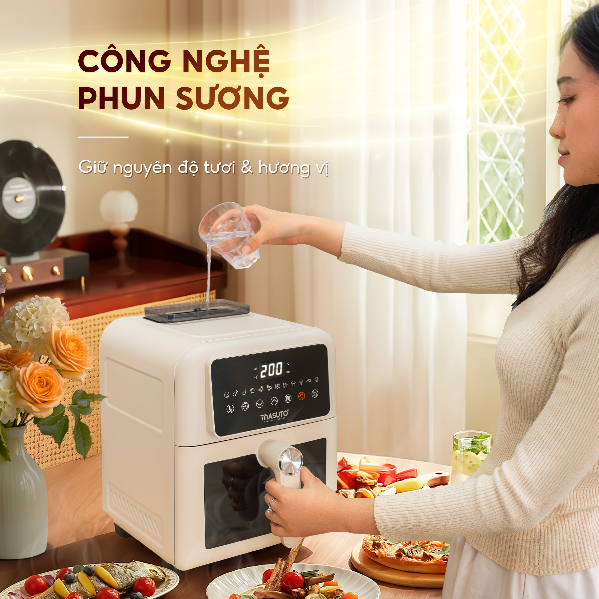 Mô tả Nồi Chiên Không Dầu Masuto MSKing 1700W-6L 2 Tầng Đốt Vỏ Thép Cacbon, Nồi Chiên Hơi Nước Phun Sương Nướng Gà Nguyên Con - 3