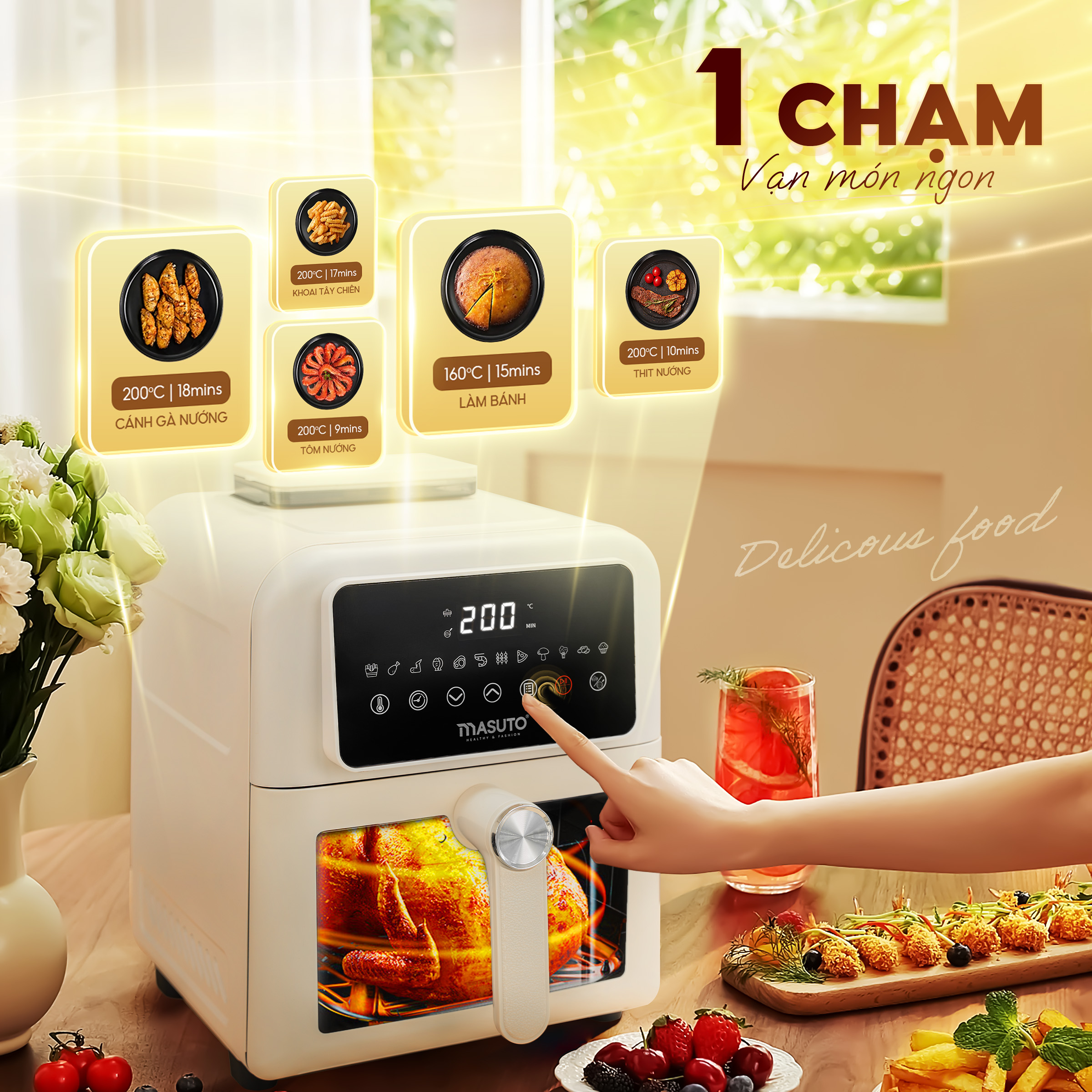 Mô tả Nồi Chiên Không Dầu Masuto MSKing 1700W-6L 2 Tầng Đốt Vỏ Thép Cacbon, Nồi Chiên Hơi Nước Phun Sương Nướng Gà Nguyên Con - 4