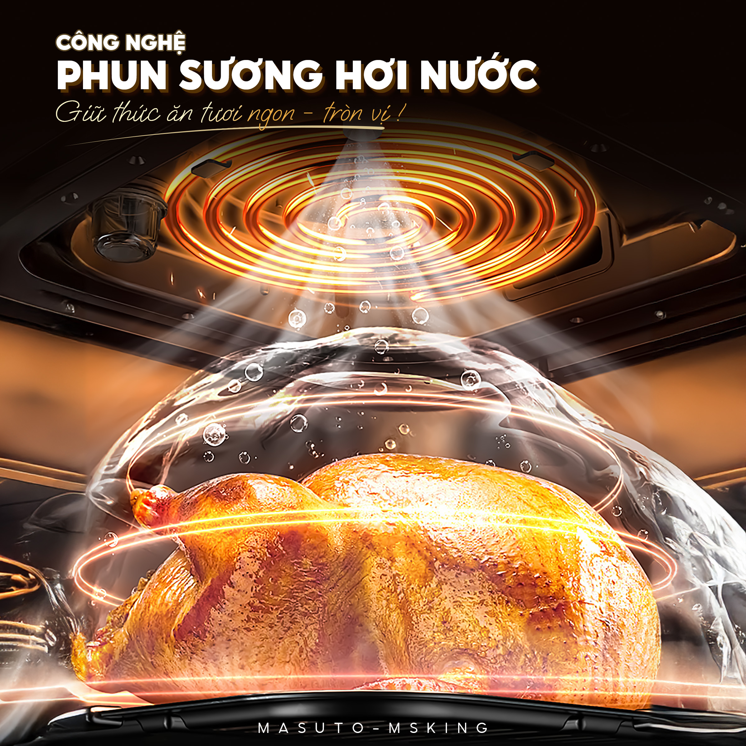 Mô tả Nồi Chiên Không Dầu Masuto MSKing 1700W-6L 2 Tầng Đốt Vỏ Thép Cacbon, Nồi Chiên Hơi Nước Phun Sương Nướng Gà Nguyên Con - 7