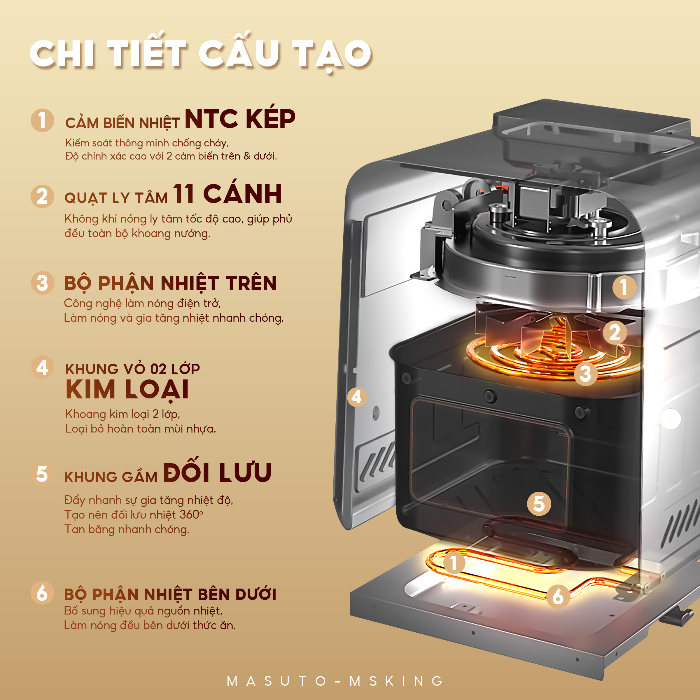 Mô tả Nồi Chiên Không Dầu Masuto MSKing 1700W-6L 2 Tầng Đốt Vỏ Thép Cacbon, Nồi Chiên Hơi Nước Phun Sương Nướng Gà Nguyên Con - 8