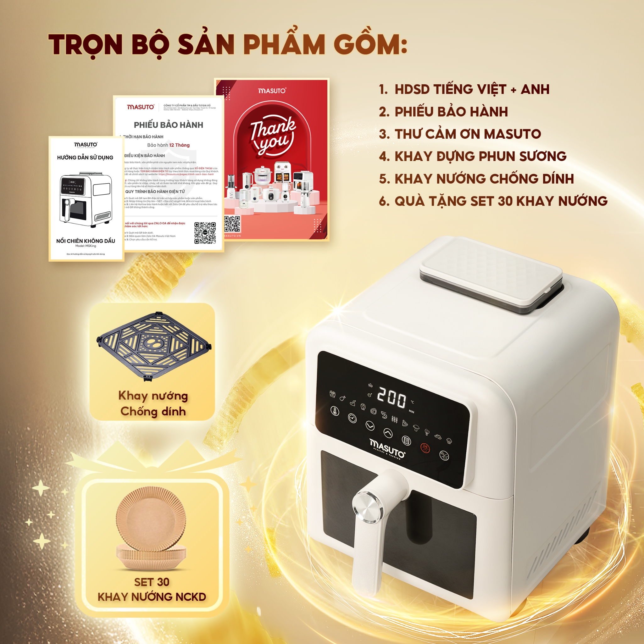Mô tả Nồi Chiên Không Dầu Masuto MSKing 1700W-6L 2 Tầng Đốt Vỏ Thép Cacbon, Nồi Chiên Hơi Nước Phun Sương Nướng Gà Nguyên Con - 10