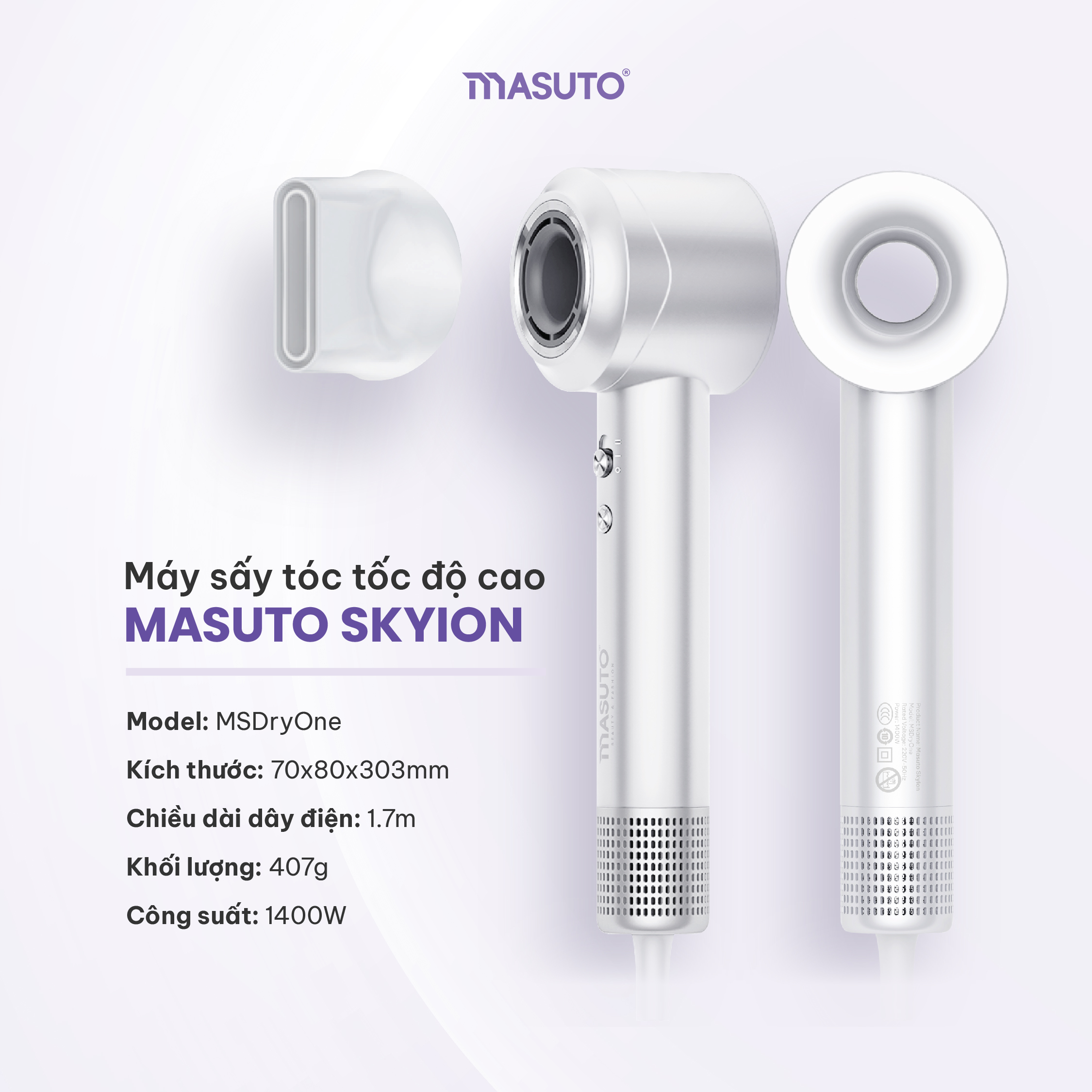 Mô tả Máy sấy tóc ion âm tốc độ cao Masuto SkyIon, bảo vệ tóc không bị quá nhiệt, bảo hành 24 tháng - 5