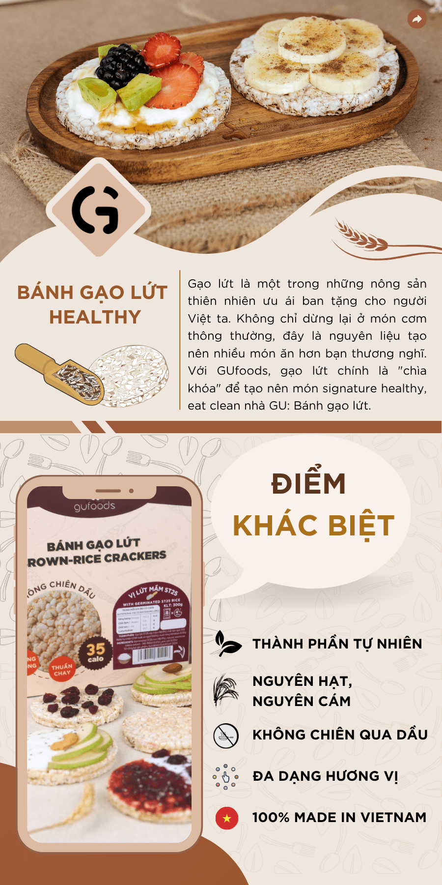 Mô tả Bánh gạo lứt GUfoods (Hộp 300g = 32 bánh) - Không chiên dầu, Không đường, Eat clean, Thực dưỡng, Ăn vặt healthy, Tập gym - 1