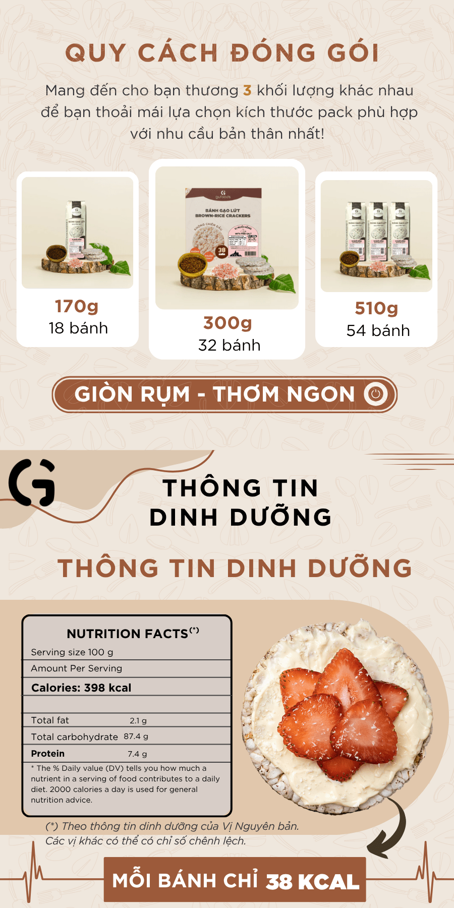 Mô tả Bánh gạo lứt GUfoods (Hộp 300g = 32 bánh) - Không chiên dầu, Không đường, Eat clean, Thực dưỡng, Ăn vặt healthy, Tập gym - 2