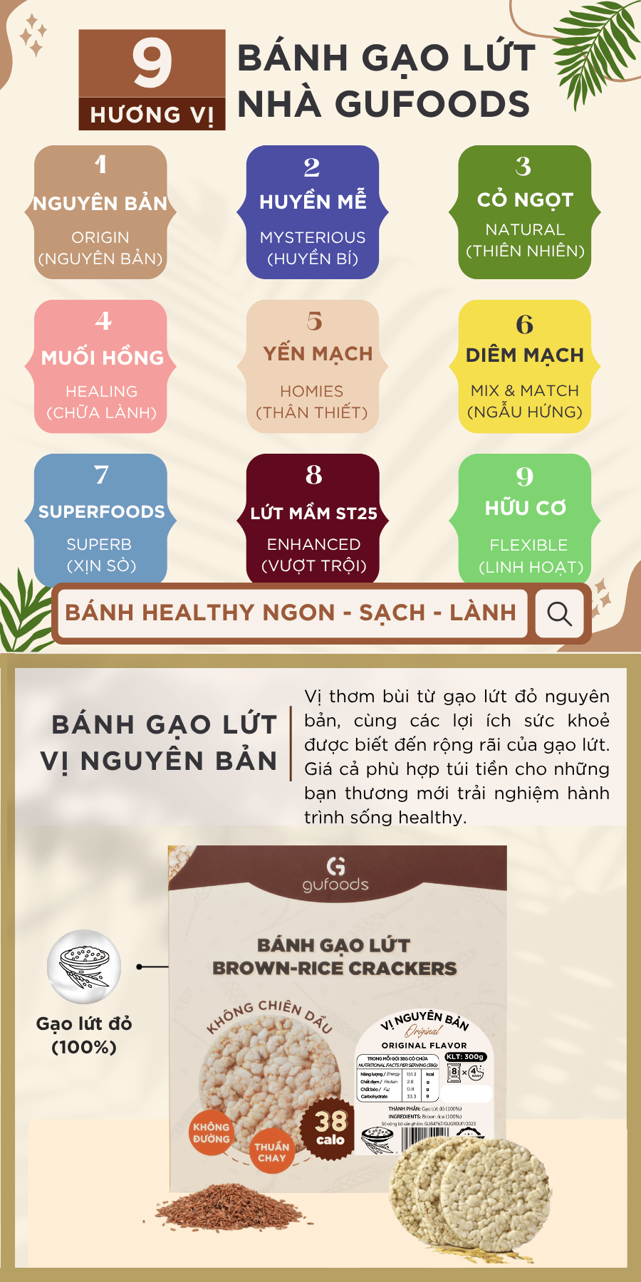 Mô tả Bánh gạo lứt GUfoods (Hộp 300g = 32 bánh) - Không chiên dầu, Không đường, Eat clean, Thực dưỡng, Ăn vặt healthy, Tập gym - 4