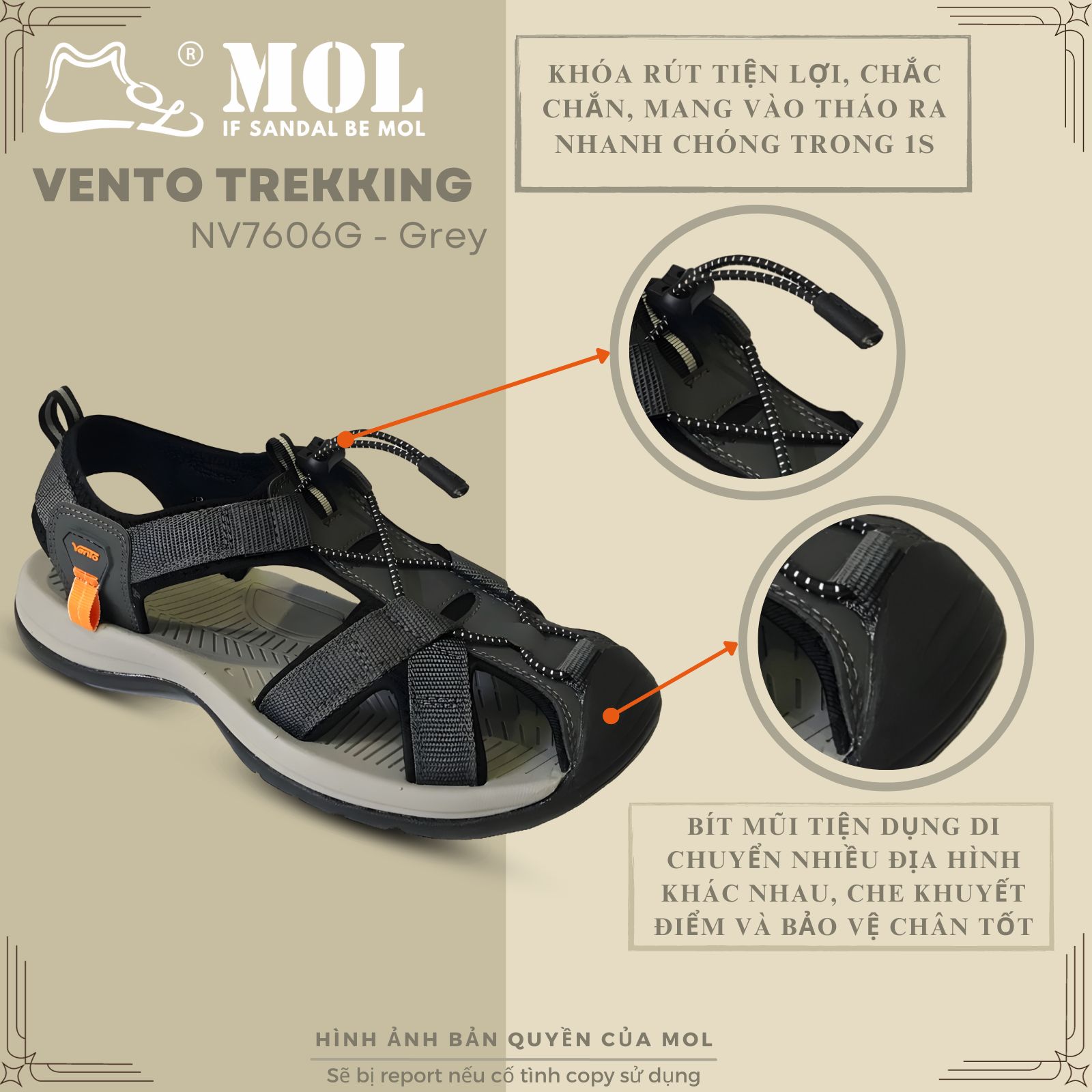 Mô tả Sandal nam Vento bít mũi NV7606G màu xám có big size 44 45 | Vento  NV7606 SD7606 - 2