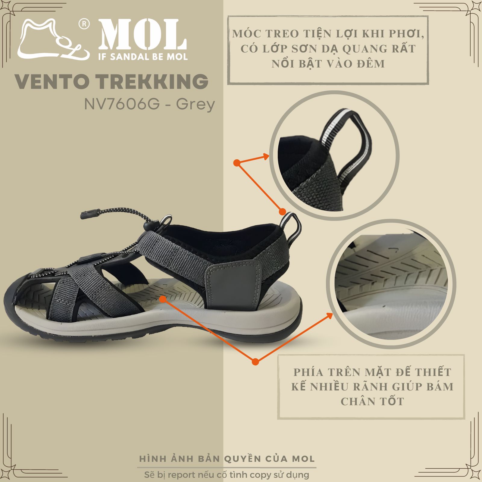 Mô tả Sandal nam Vento bít mũi NV7606G màu xám có big size 44 45 | Vento  NV7606 SD7606 - 3