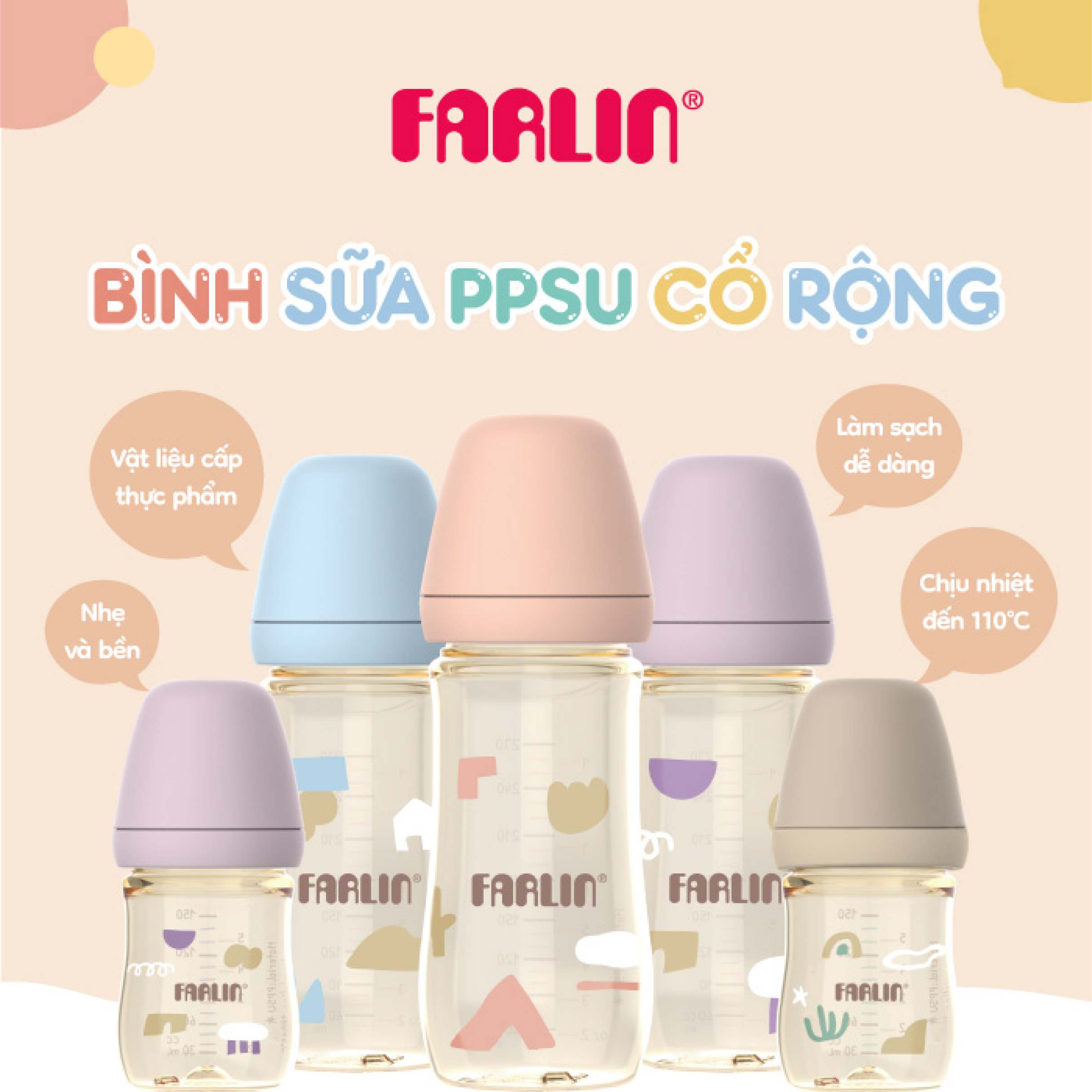 Mô tả Farlin Bình sữa PPSU cao cấp, cổ rộng dễ vệ sinh, núm ti silicone siêu mềm chống đầy hơi cho bé - 1