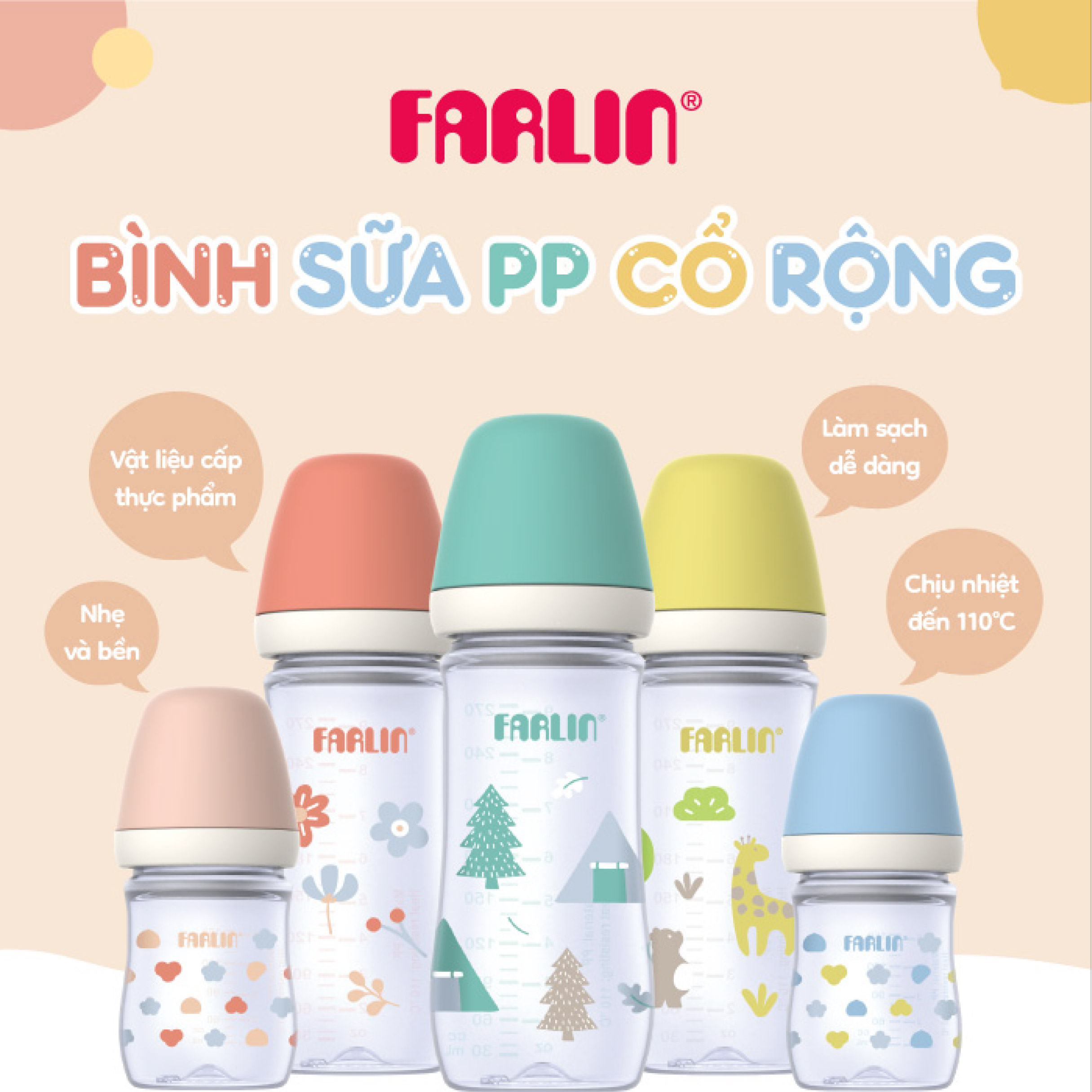 Mô tả Farlin Bình sữa PP cổ rộng dễ vệ sinh, núm ti silicone siêu mềm chống đầy hơi cho bé - 1