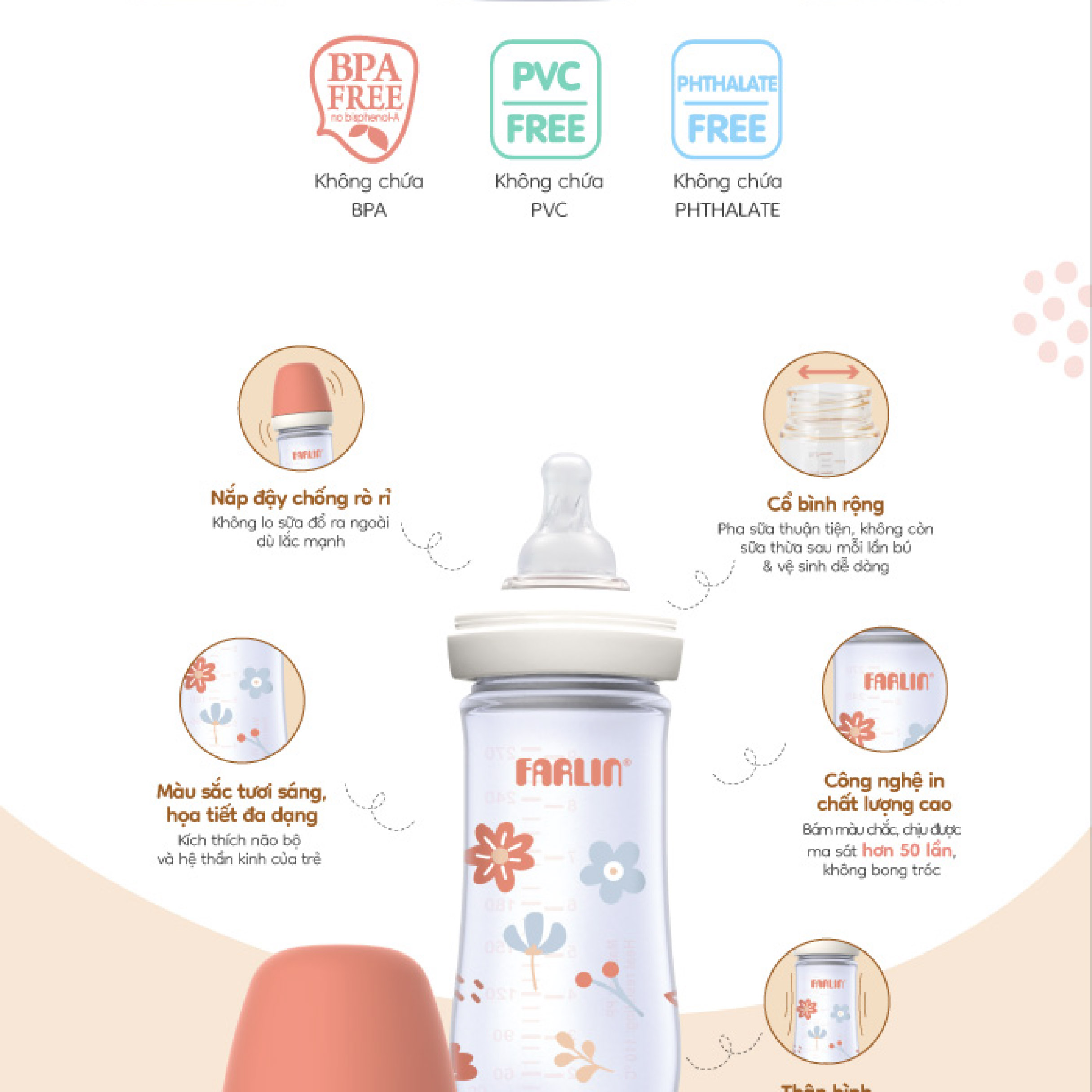 Mô tả Farlin Bình sữa PP cổ rộng dễ vệ sinh, núm ti silicone siêu mềm chống đầy hơi cho bé - 2