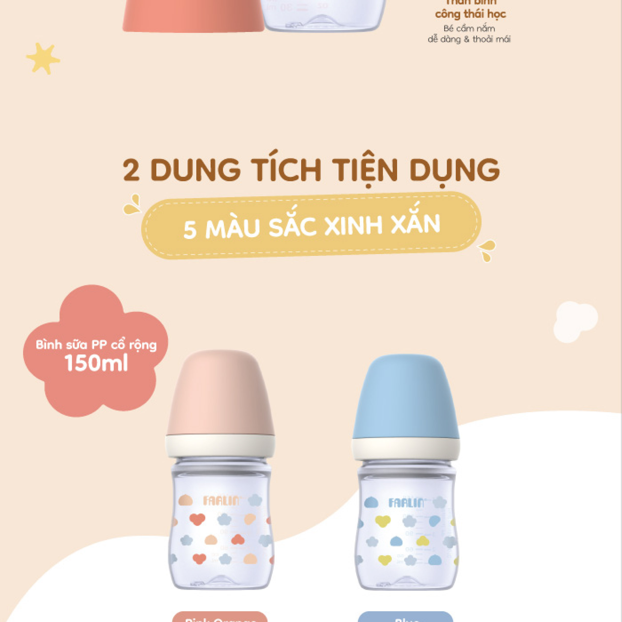 Mô tả Farlin Bình sữa PP cổ rộng dễ vệ sinh, núm ti silicone siêu mềm chống đầy hơi cho bé - 3
