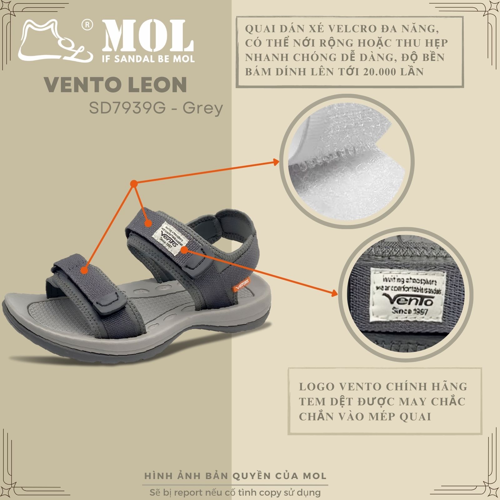 Mô tả Giày sandal nam Vento 2 quai ngang SD7939G màu xám có big size 44 45 | Vento  Leon SD7939 - 1