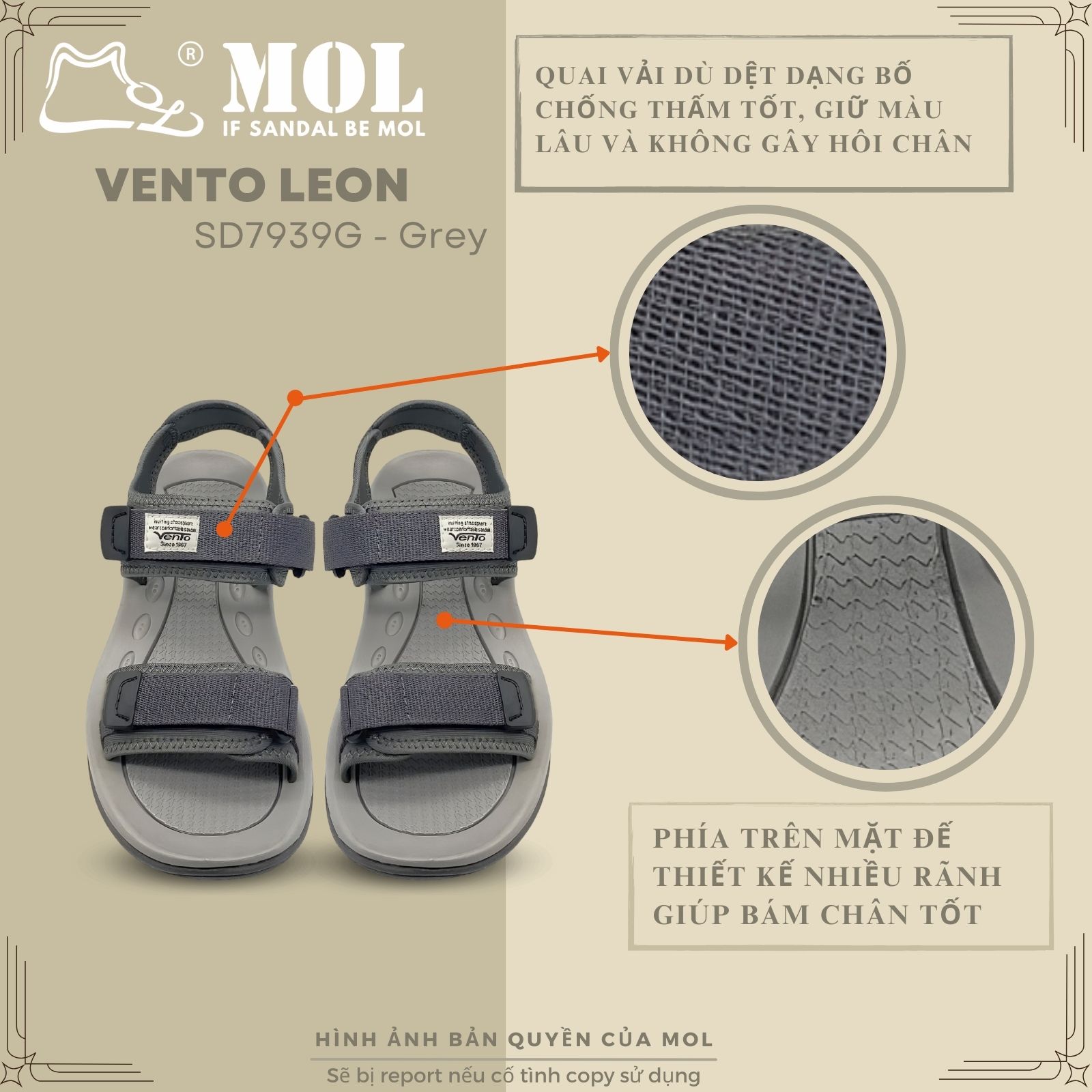 Mô tả Giày sandal nam Vento 2 quai ngang SD7939G màu xám có big size 44 45 | Vento  Leon SD7939 - 2