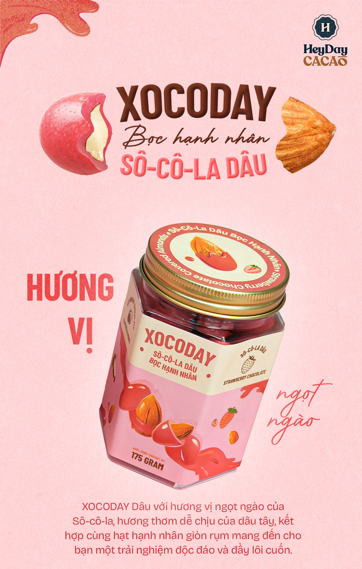 Mô tả Sô-cô-la Dâu bọc hạnh nhân - Xocoday - Hủ 175g - Heyday - 1