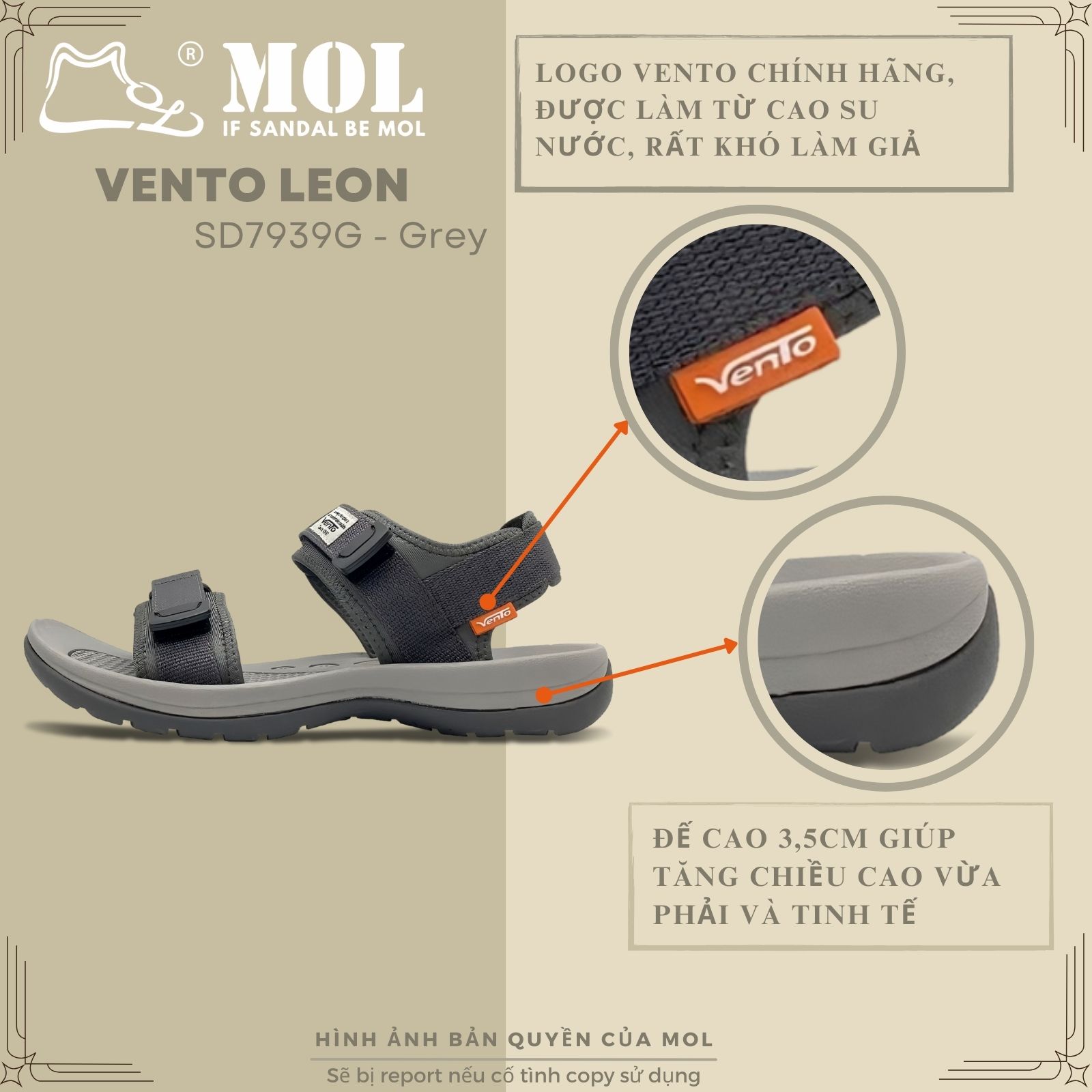 Mô tả Giày sandal nam Vento 2 quai ngang SD7939G màu xám có big size 44 45 | Vento  Leon SD7939 - 4