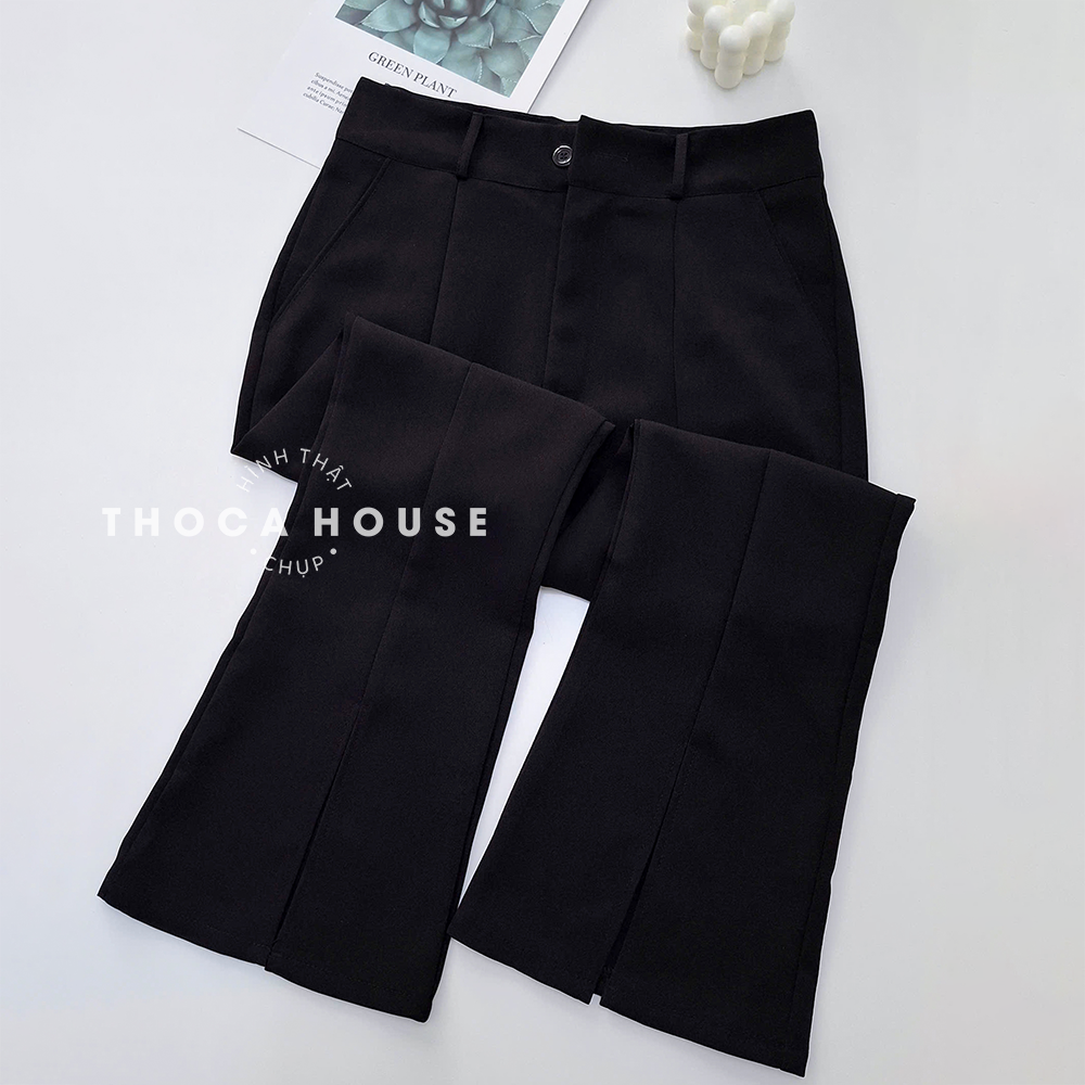 Mô tả Quần ống loe nữ xẻ lai tây tuyết mưa lưng cao trơn đen THOCA HOUSE thời thượng, trendy - 5
