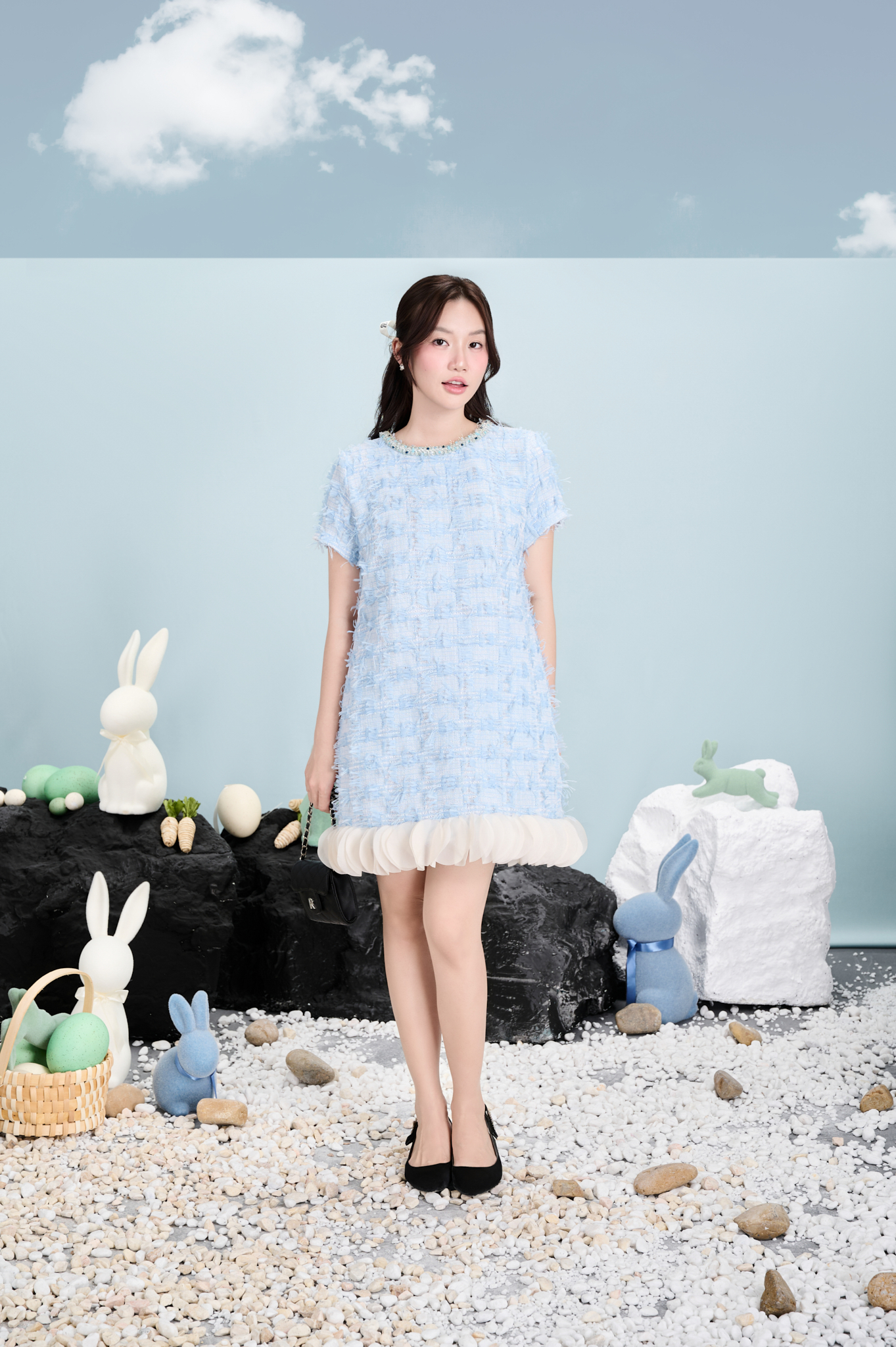 Mô tả RẬP MOMMY & BABY - Đầm Xanh Cổ Tròn Kết Dây Tweed Tay Ngắn - PARIS 04 - 3