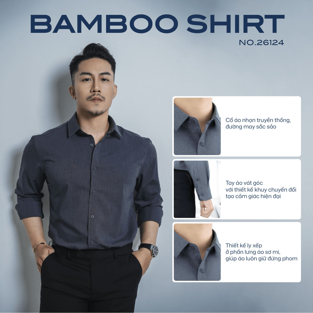 Áo sơ mi nam dài tay URBAN cao cấp vải Bamboo thoáng mát ít nhăn phom chuẩn lịch sự NO. 26124