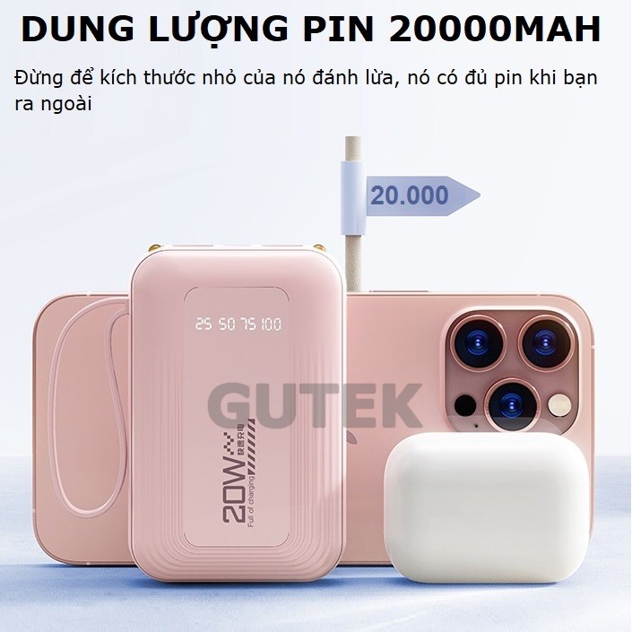 Pin Sạc dự phòng 20000mah nhỏ gọn có sẵn dây sạc cho điện thoại