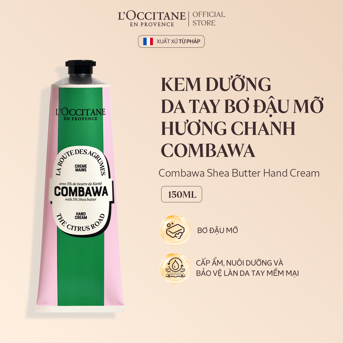 Mô tả Kem Dưỡng Da Tay Bơ Đậu Mỡ Hương Chanh Combawa L'Occitane Shea Butter Hand Cream 150ml/30ml - 1