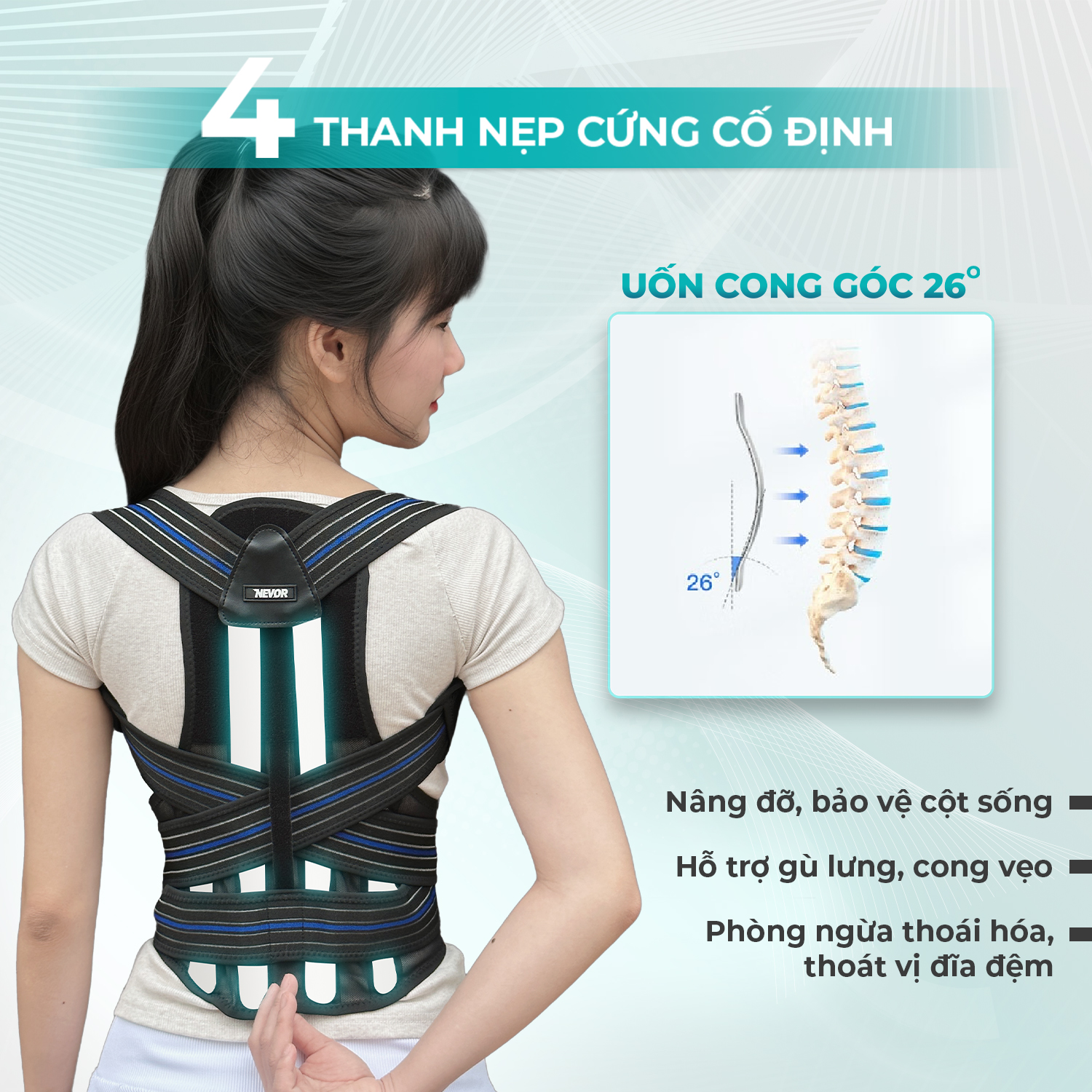 Đai Chống Gù Lưng Y Tế Nevor DCG04 Có Nẹp Cứng Định Hình Cột Sống, Hỗ ...