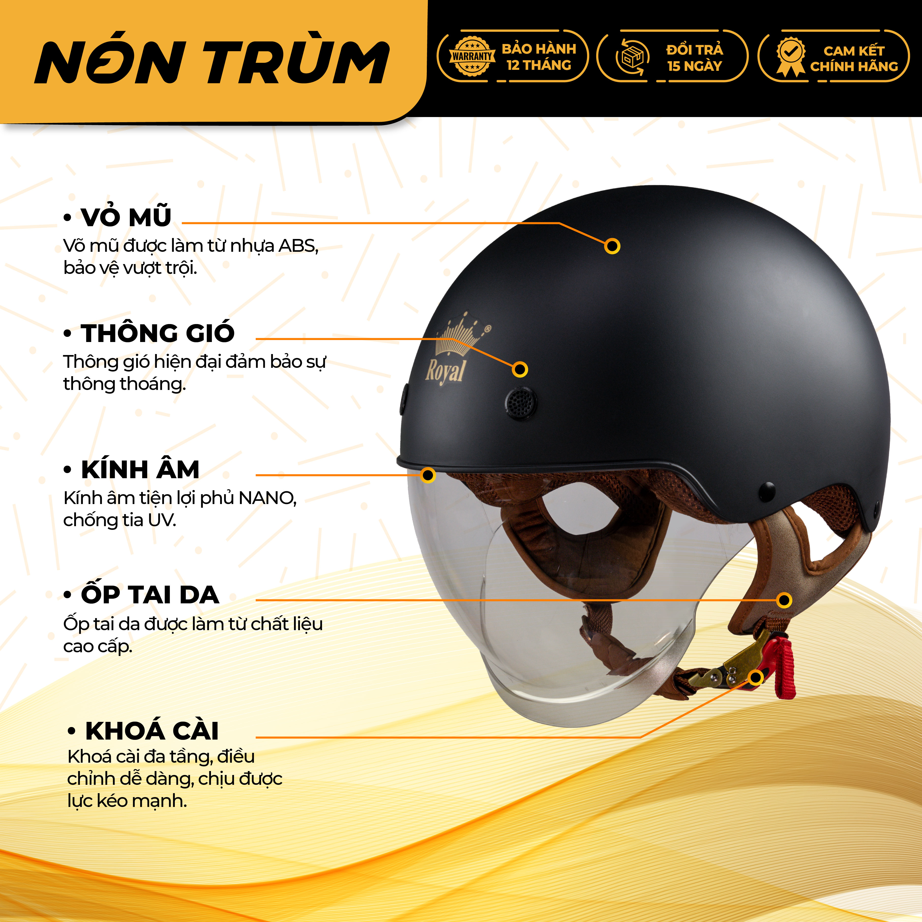 Mô tả Mũ bảo hiểm 1/2 Royal M239 kính âm chính hãng size M L XL XXL cho nam và nữ đi xe máy tại Nón Trùm - 1