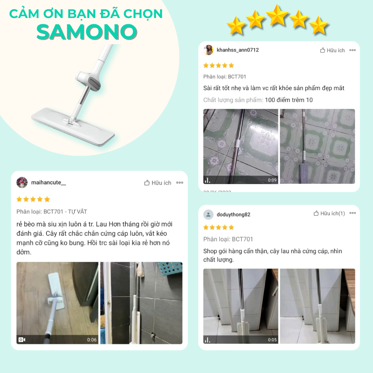 Mô tả SAMONO Cây Lau Nhà Tự Vắt Thông Minh Bonbox BCT701 Đầu Xoay 360 Độ Linh Hoạt, Chổi Lau Nhà Tự Vắt Lau Sạch Mọi Góc - 8