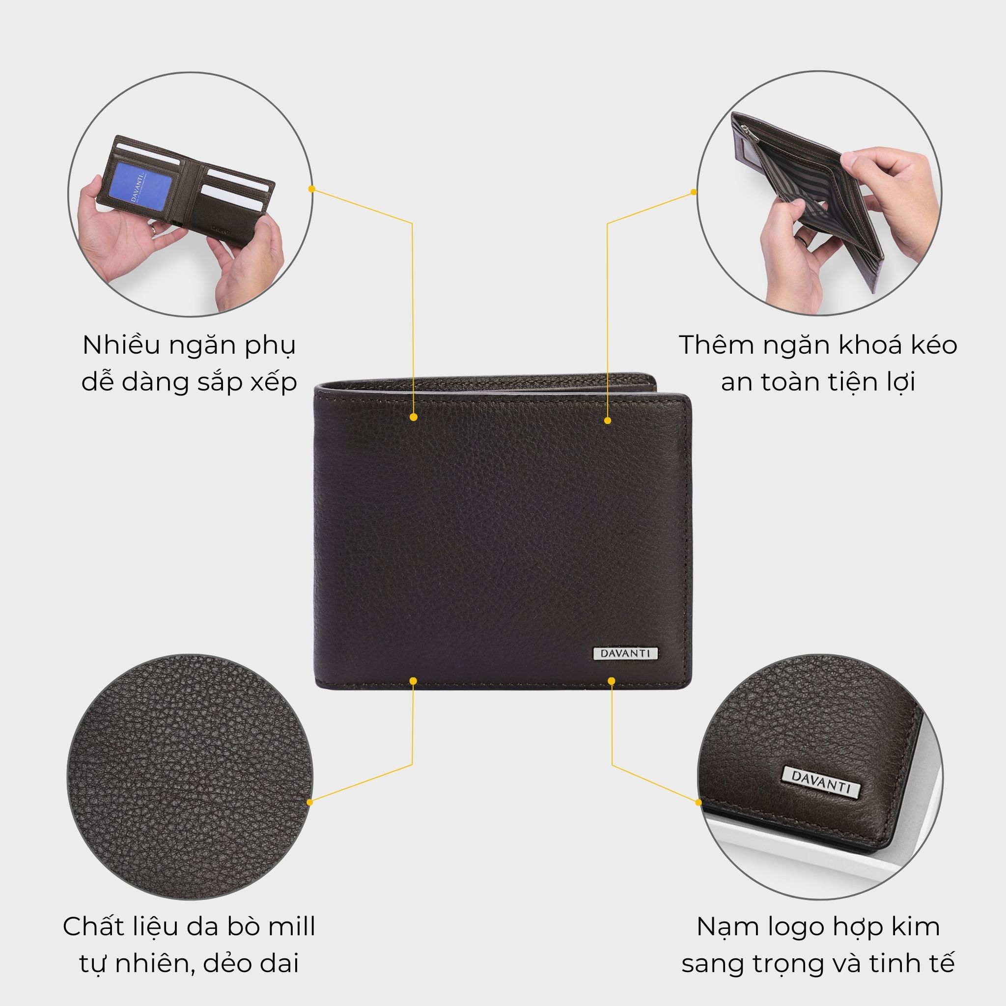 Mô tả Bóp Ví Nam Da Bò Mill Tự Nhiên Dáng Ngang Lịch Lãm FA282 - 2