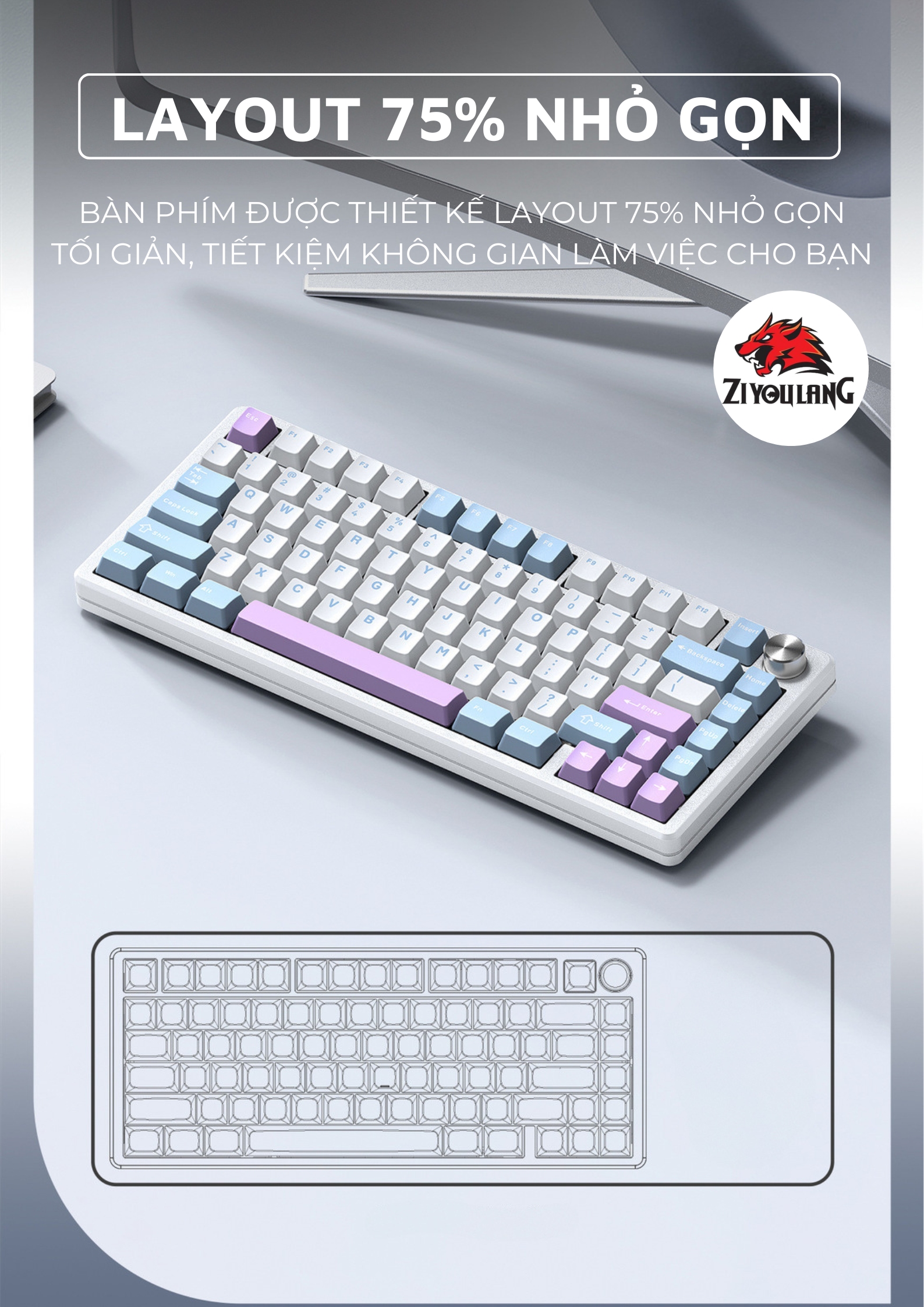 Bàn Phím Cơ Không Dây Ziyoulang Dark Alien R83 Khung Nhôm CNC Cao Cấp ...