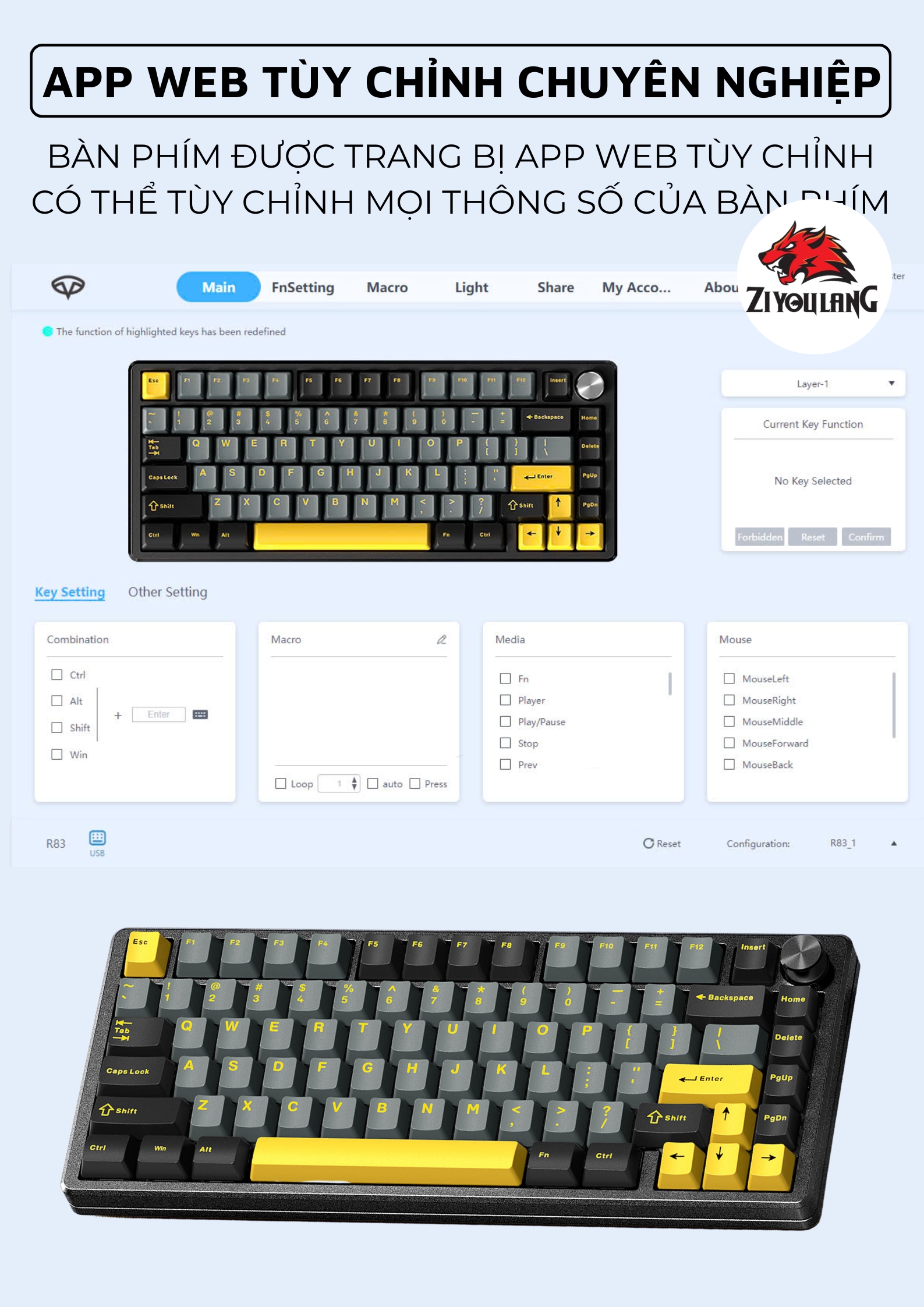 Bàn Phím Cơ Không Dây Ziyoulang Dark Alien R83 Khung Nhôm CNC Cao Cấp ...