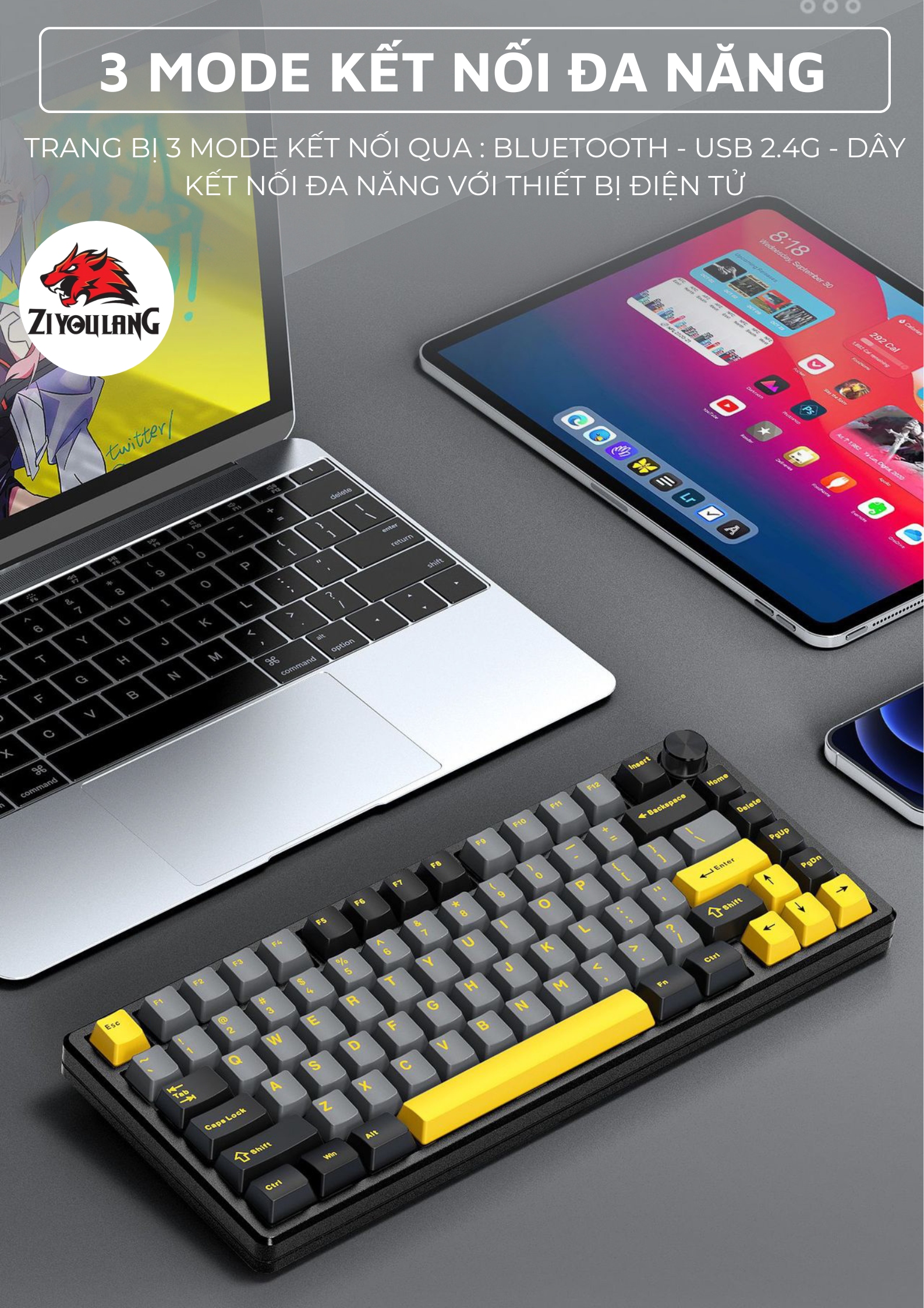 Bàn Phím Cơ Không Dây Ziyoulang Dark Alien R83 Khung Nhôm CNC Cao Cấp ...